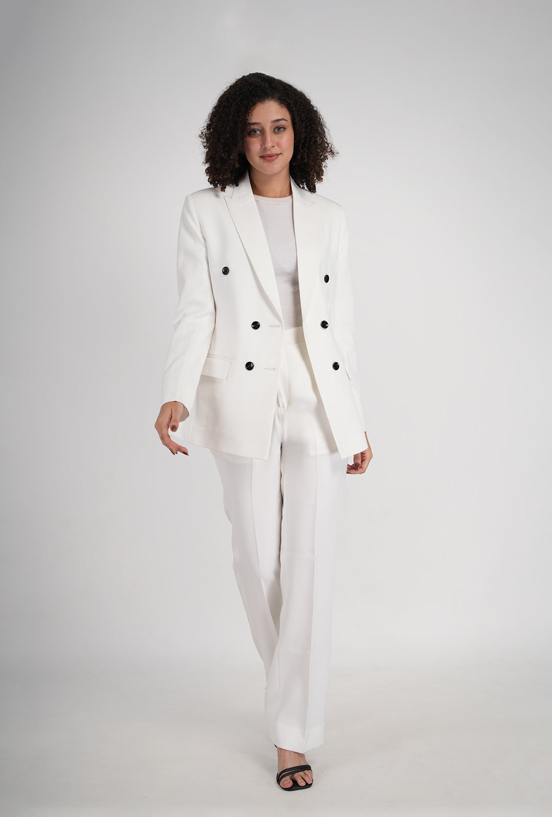 Luxury White Double-Breasted Suit with Black Buttons & White Bootcut Pant | Designer Women’s Formalwear by P&H by Priyanshu