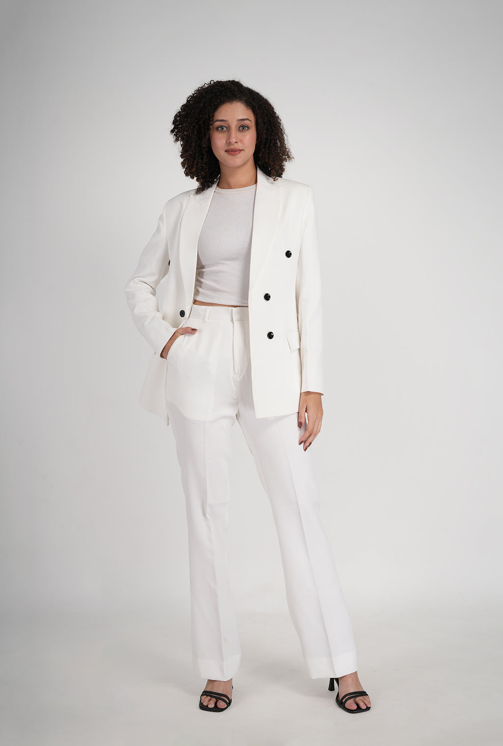 Luxury White Double-Breasted Suit with Black Buttons & White Bootcut Pant | Designer Women’s Formalwear by P&H by Priyanshu