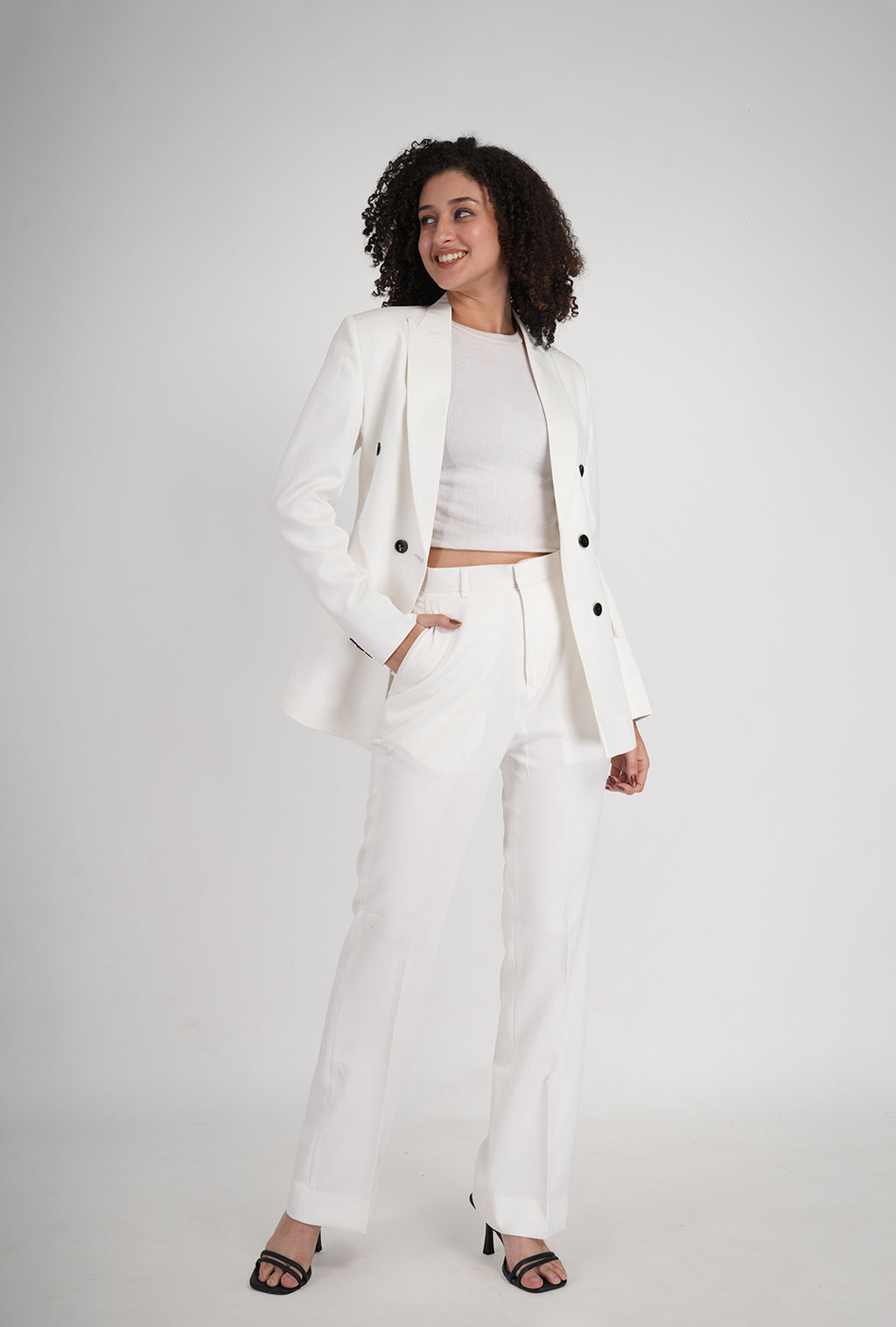Luxury White Double-Breasted Suit with Black Buttons & White Bootcut Pant | Designer Women’s Formalwear by P&H by Priyanshu