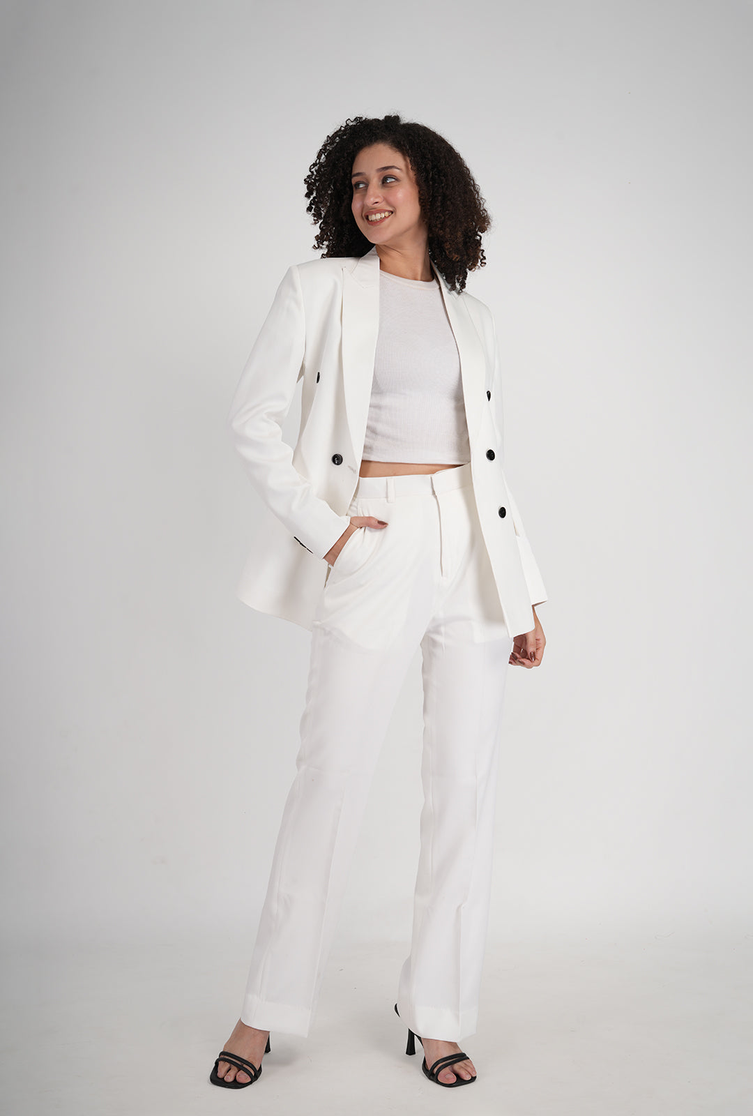 Luxury White Double-Breasted Suit with Black Buttons & White Bootcut Pant | Designer Women’s Formalwear by P&H by Priyanshu