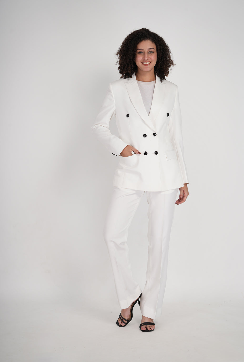 Luxury White Double-Breasted Suit with Black Buttons & White Bootcut Pant | Designer Women’s Formalwear by P&H by Priyanshu