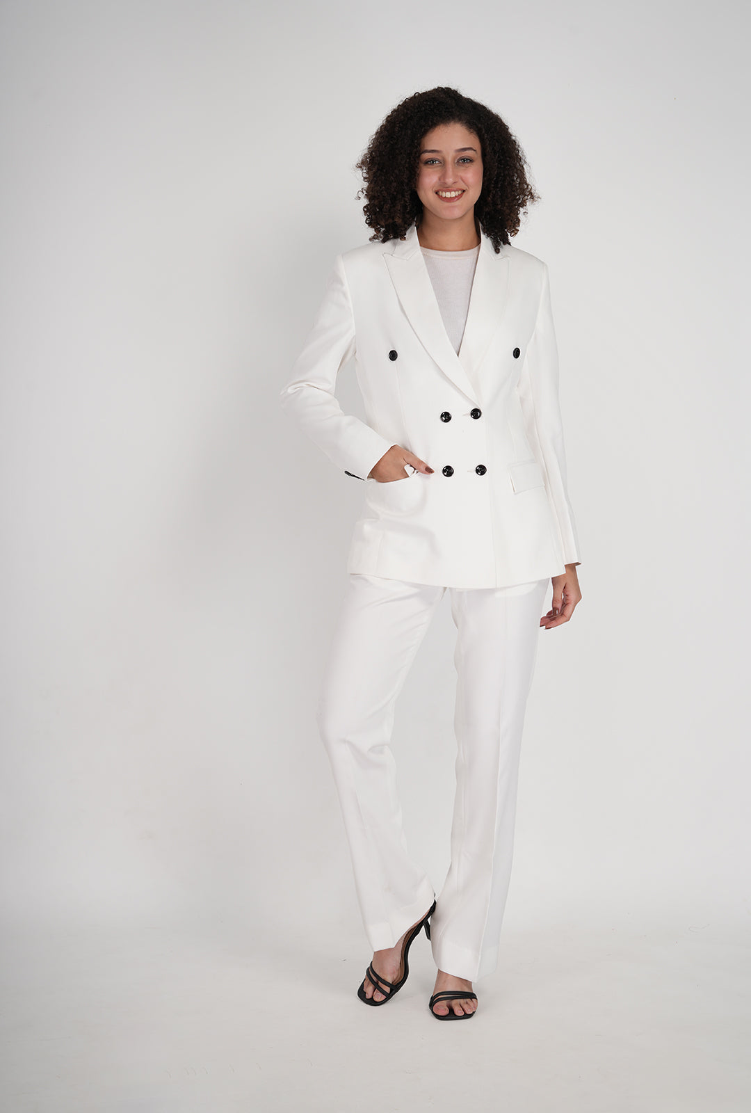 Luxury White Double-Breasted Suit with Black Buttons & White Bootcut Pant | Designer Women’s Formalwear by P&H by Priyanshu