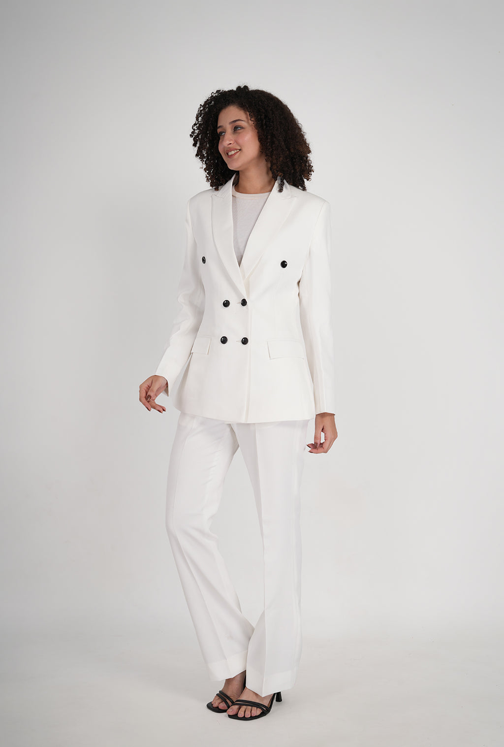 Luxury White Double-Breasted Suit with Black Buttons & White Bootcut Pant | Designer Women’s Formalwear by P&H by Priyanshu
