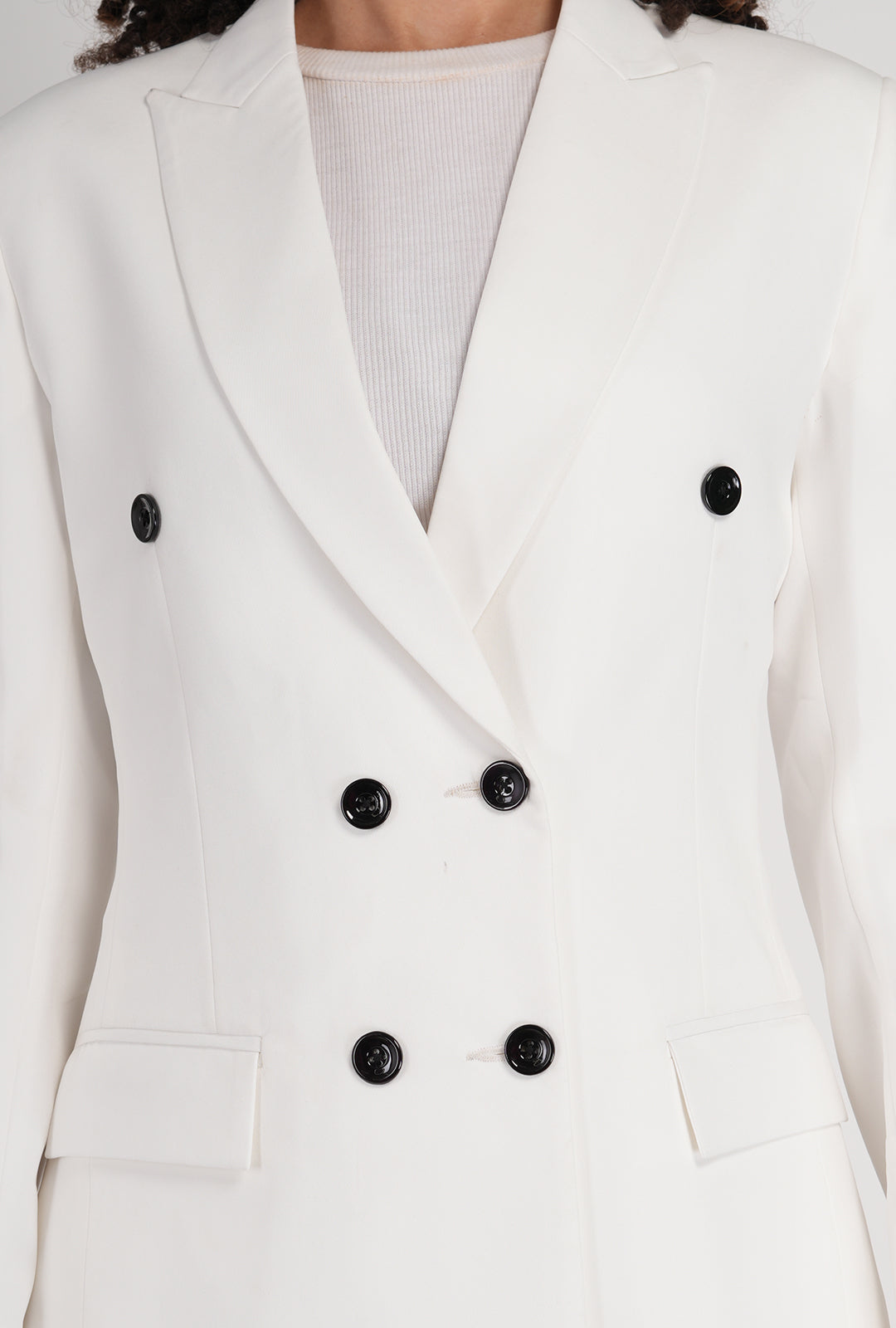 Luxury White Double-Breasted Suit with Black Buttons & White Bootcut Pant | Designer Women’s Formalwear by P&H by Priyanshu