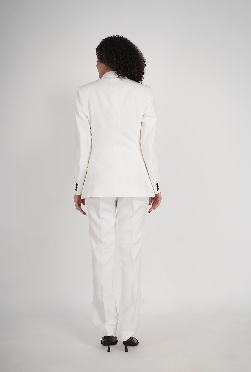 Luxury White Double-Breasted Suit with Black Buttons & White Bootcut Pant | Designer Women’s Formalwear by P&H by Priyanshu