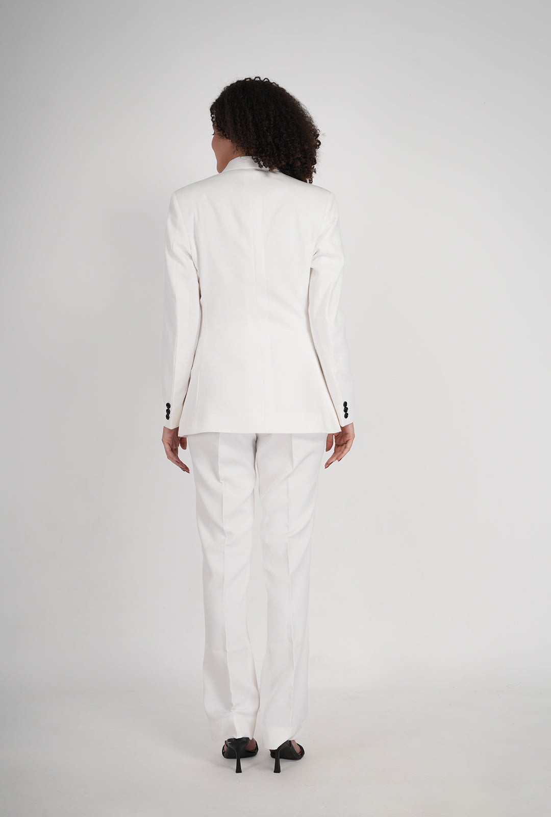 Luxury White Double-Breasted Suit with Black Buttons & White Bootcut Pant | Designer Women’s Formalwear by P&H by Priyanshu