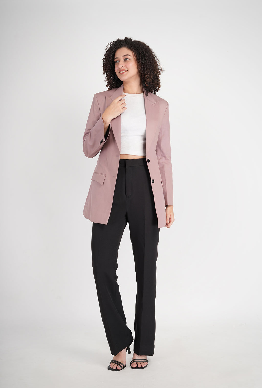 Luxury Pink Single-Breasted Blazer with Black Bootcut Pant | Women’s Designer Office Wear by P&H by Priyanshu