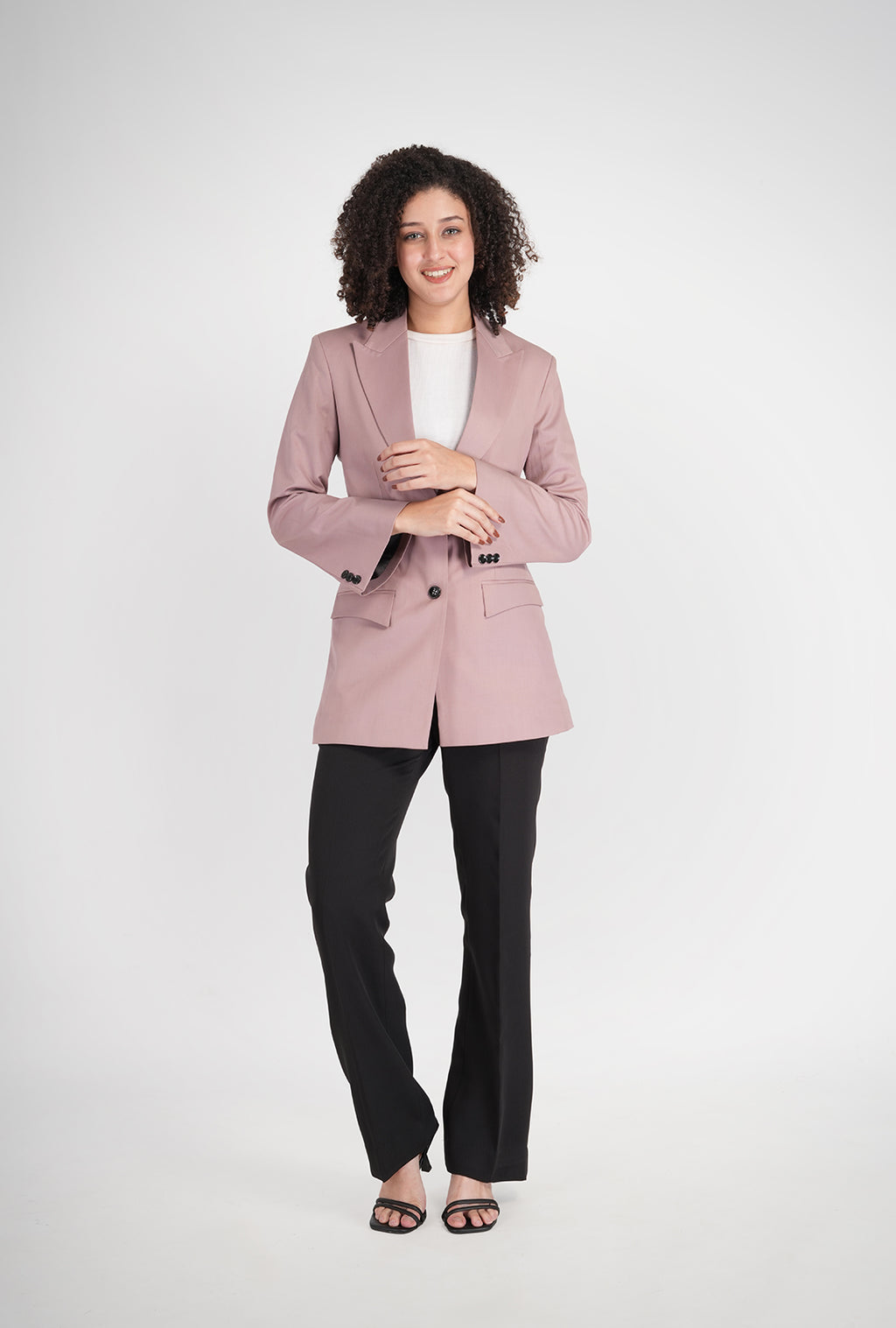 Luxury Pink Single-Breasted Blazer with Black Bootcut Pant | Women’s Designer Office Wear by P&H by Priyanshu