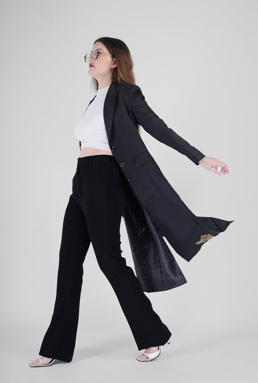 Olive Hand-Embroidered Long Coat with Black Bootcut Pant | Luxury Corporate Wear for Women by P&H by Priyanshu