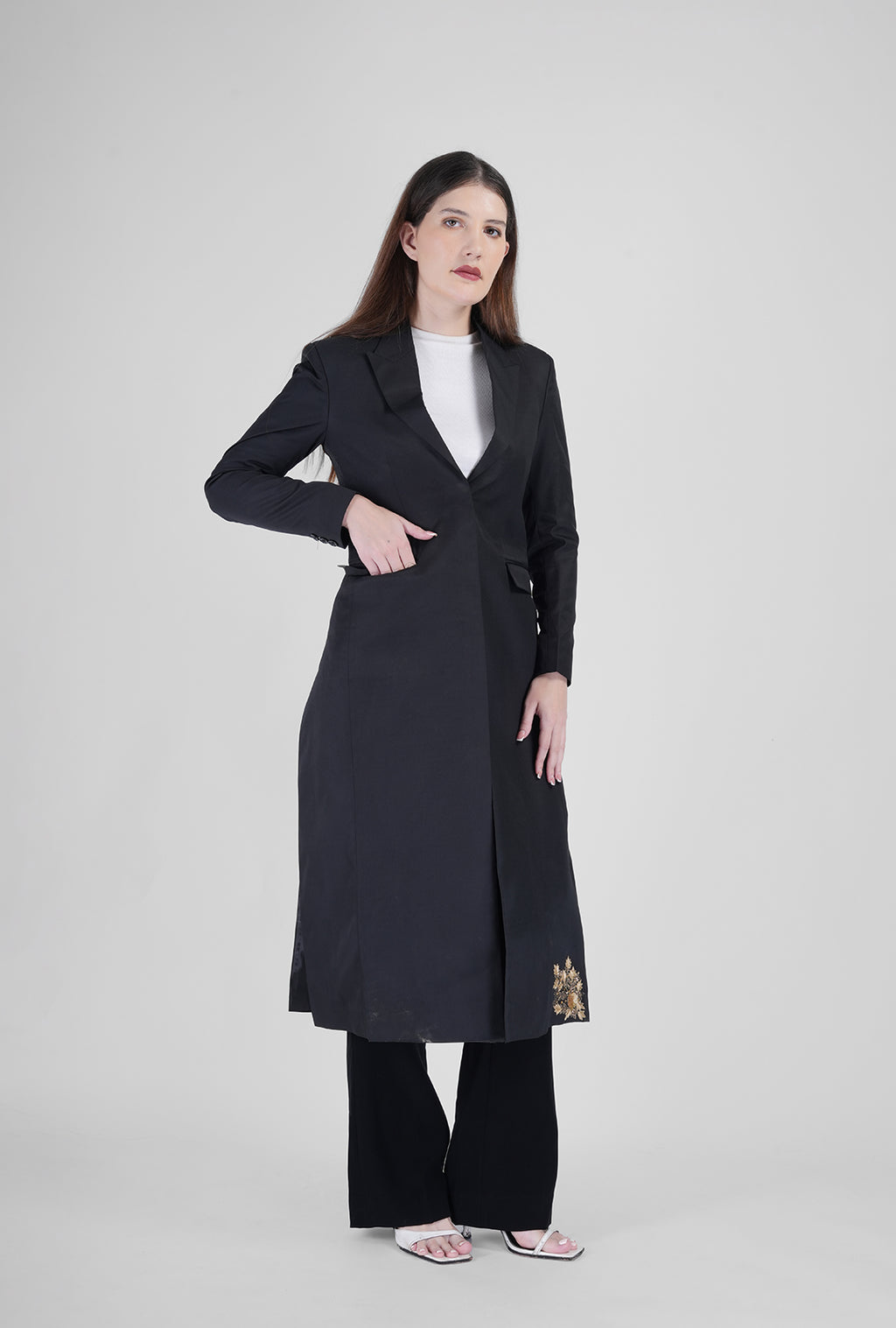 Olive Hand-Embroidered Long Coat with Black Bootcut Pant | Luxury Corporate Wear for Women by P&H by Priyanshu