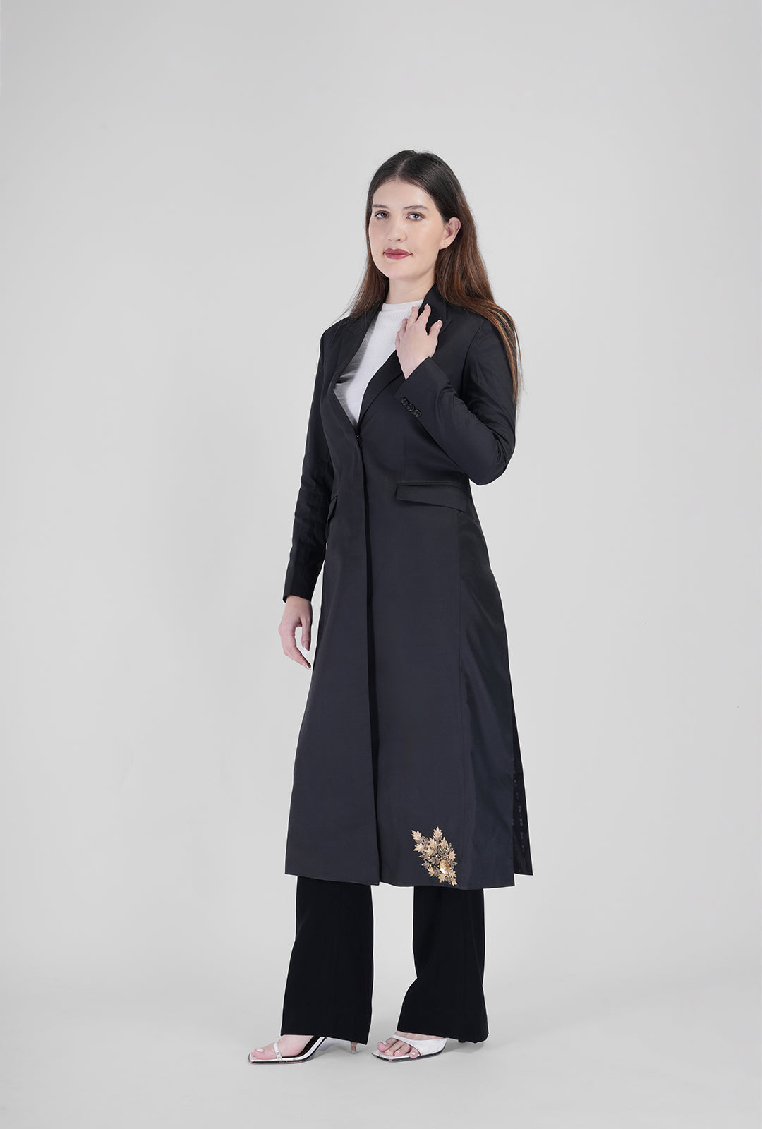 Olive Hand-Embroidered Long Coat with Black Bootcut Pant | Luxury Corporate Wear for Women by P&H by Priyanshu