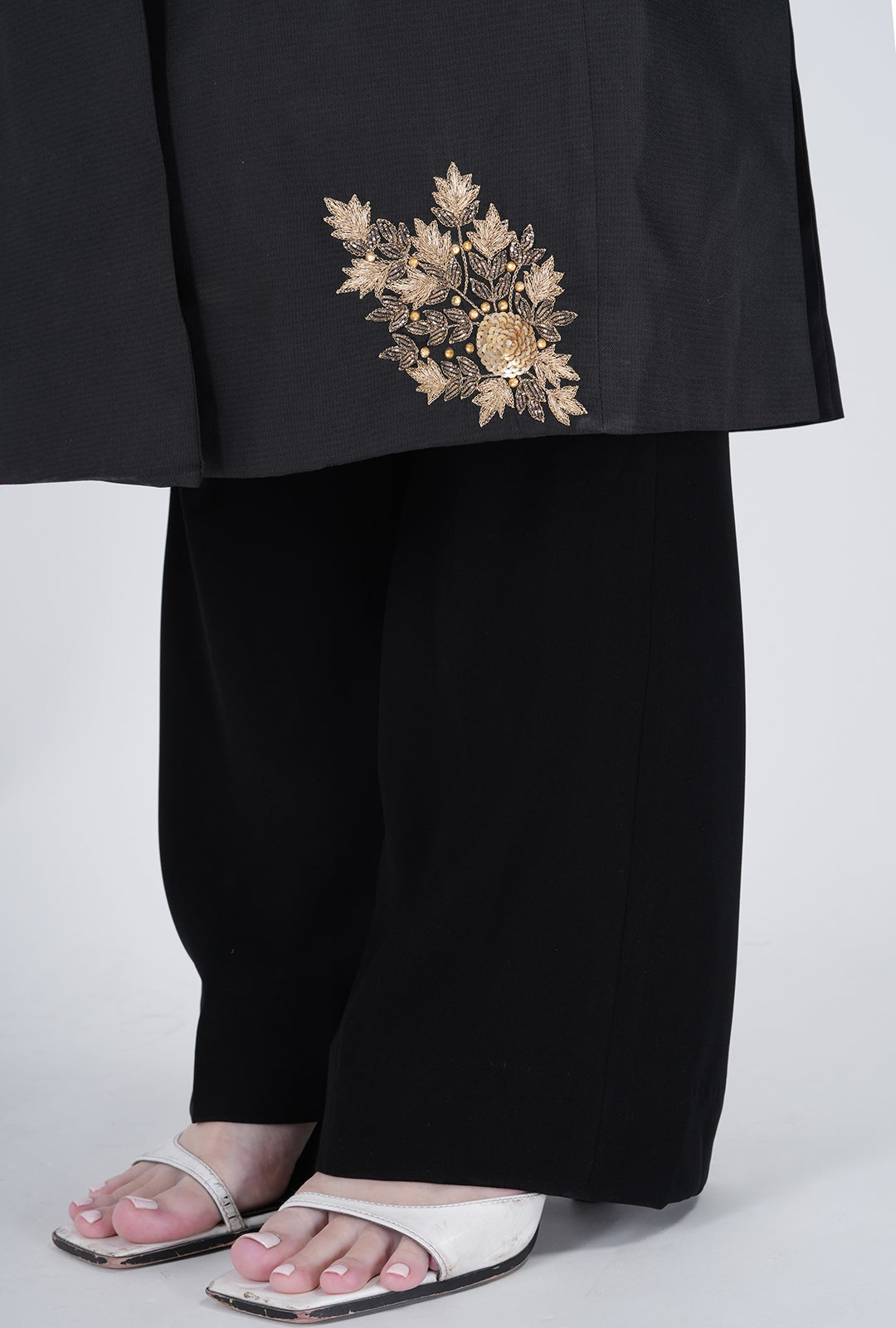 Olive Hand-Embroidered Long Coat with Black Bootcut Pant | Luxury Corporate Wear for Women by P&H by Priyanshu