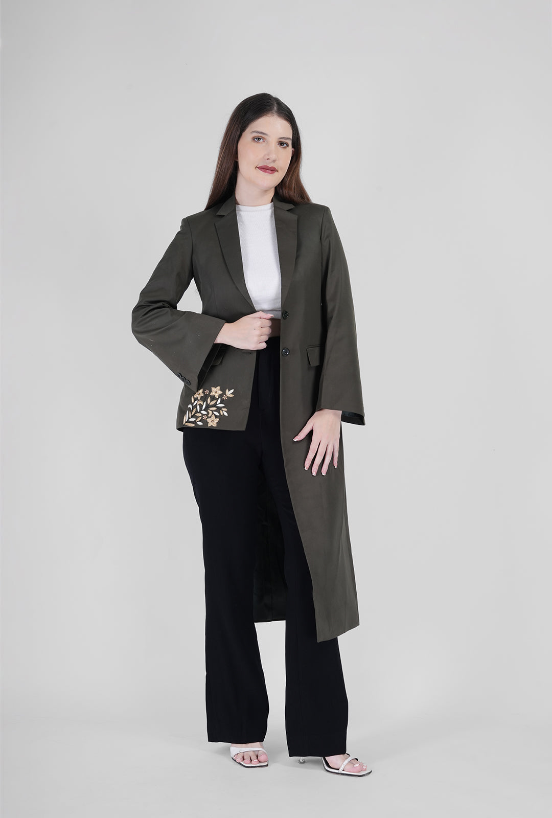 Olive Asymmetrical Handcrafted Long Coat with Black Pant | Luxury Women’s Designer Wear by P&H by Priyanshu