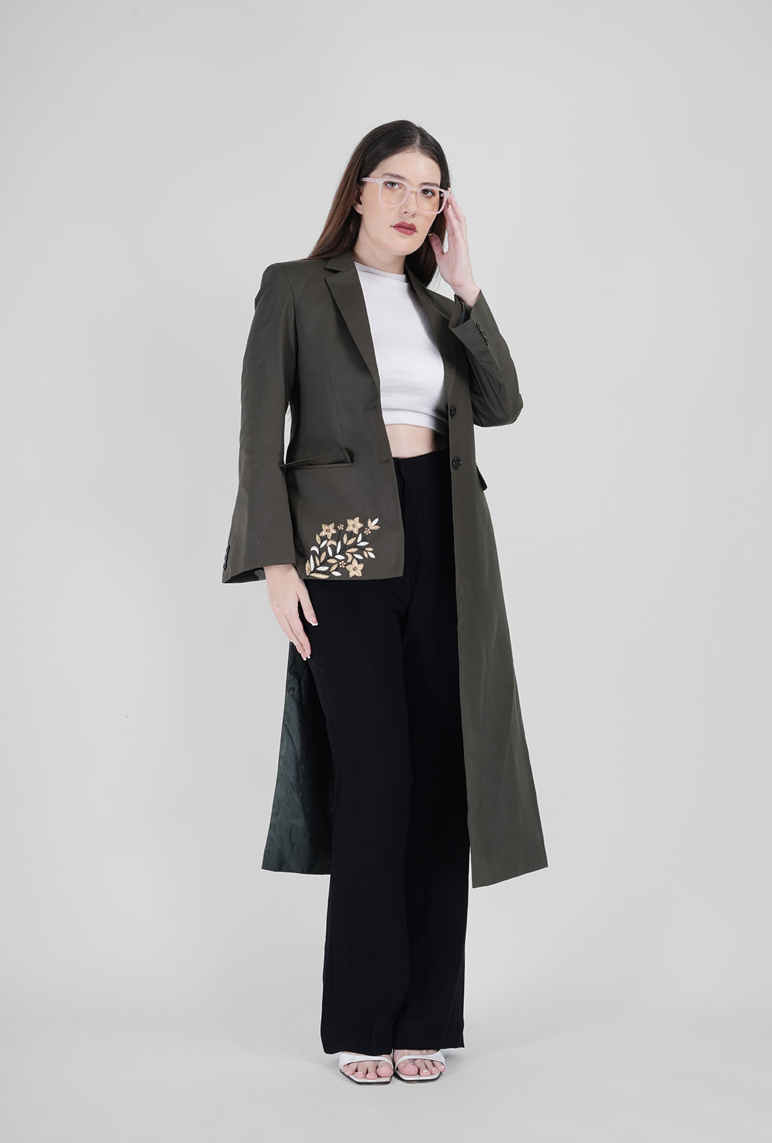 Olive Asymmetrical Handcrafted Long Coat with Black Pant | Luxury Women’s Designer Wear by P&H by Priyanshu