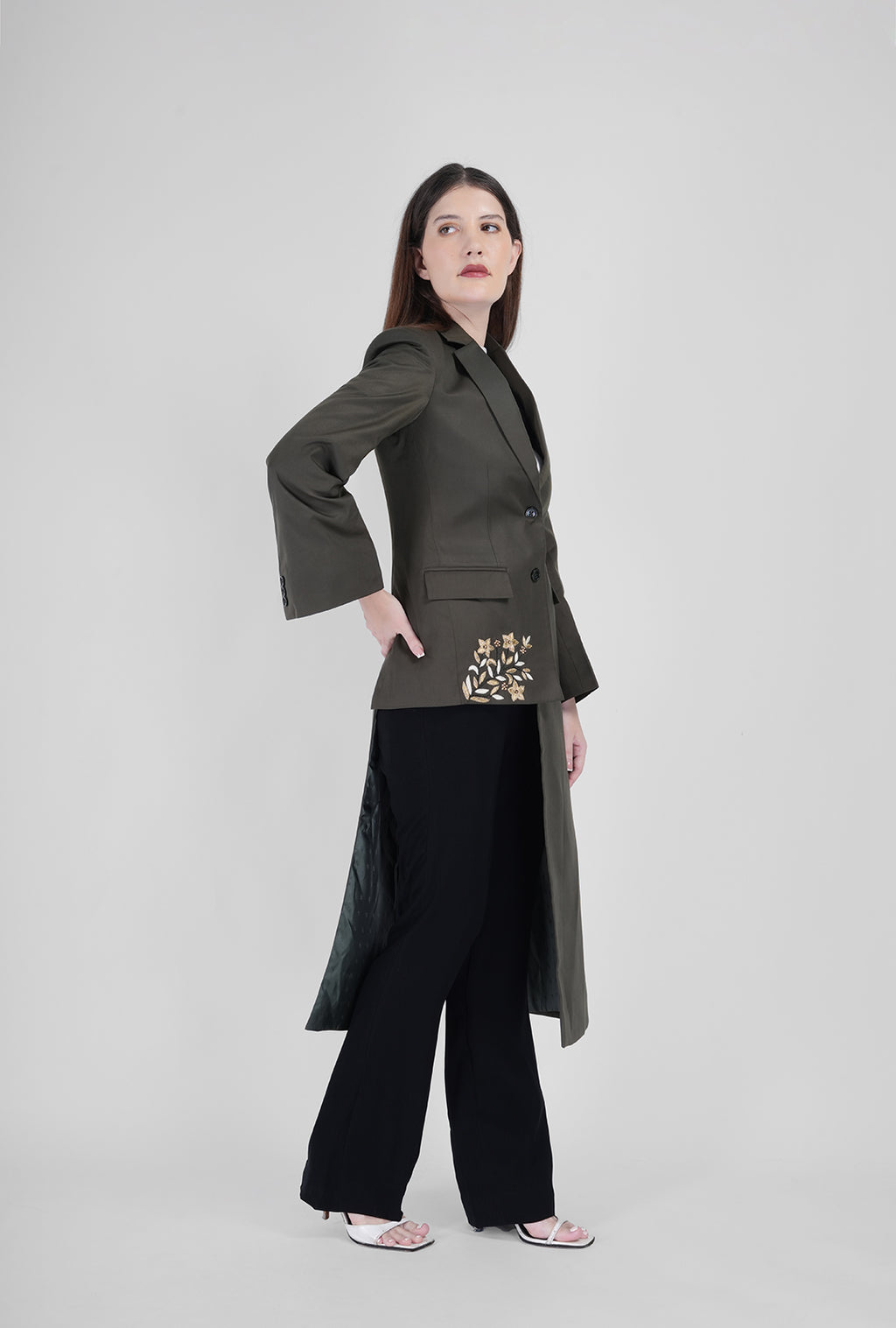 Olive Asymmetrical Handcrafted Long Coat with Black Pant | Luxury Women’s Designer Wear by P&H by Priyanshu