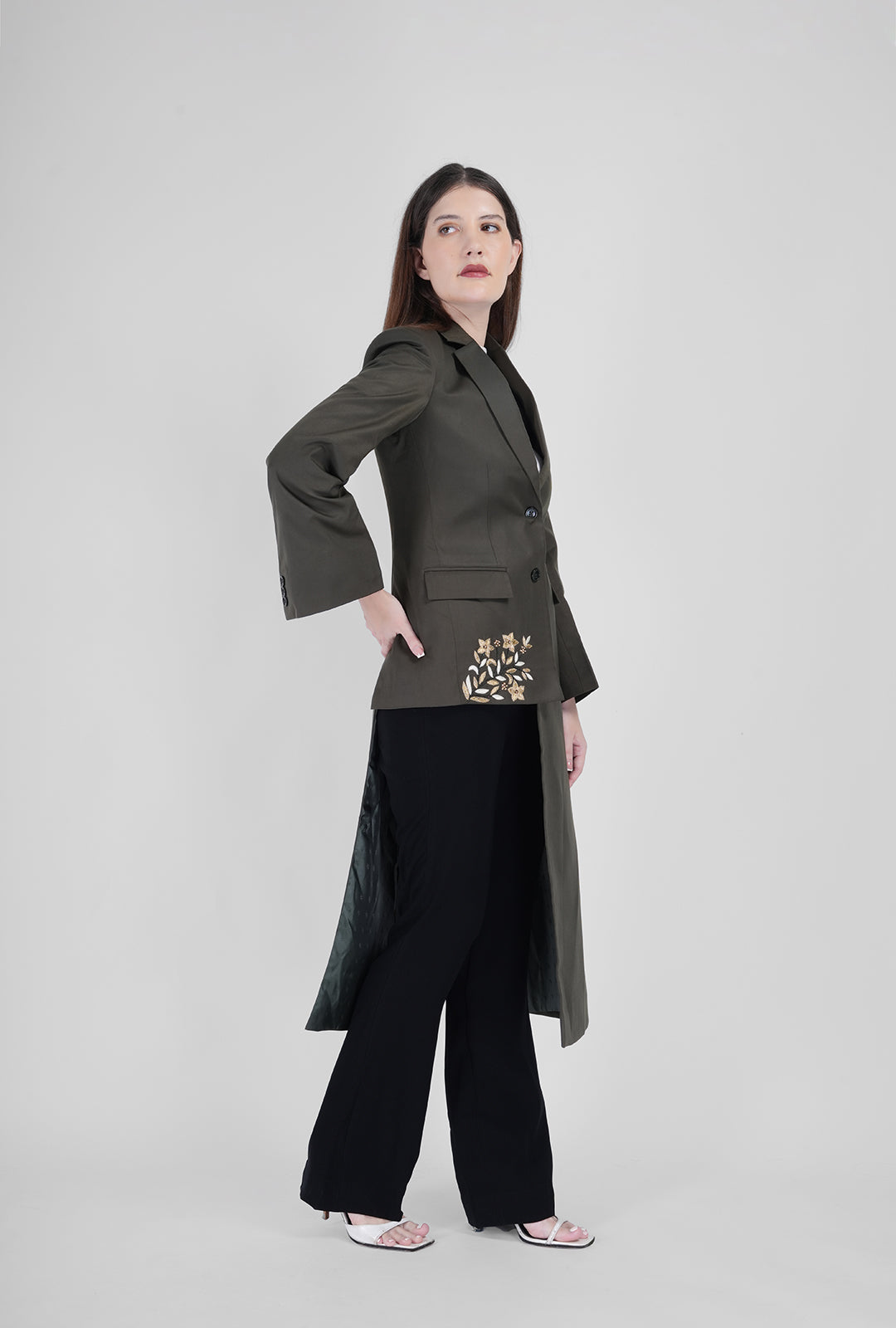 Olive Asymmetrical Handcrafted Long Coat with Black Pant | Luxury Women’s Designer Wear by P&H by Priyanshu