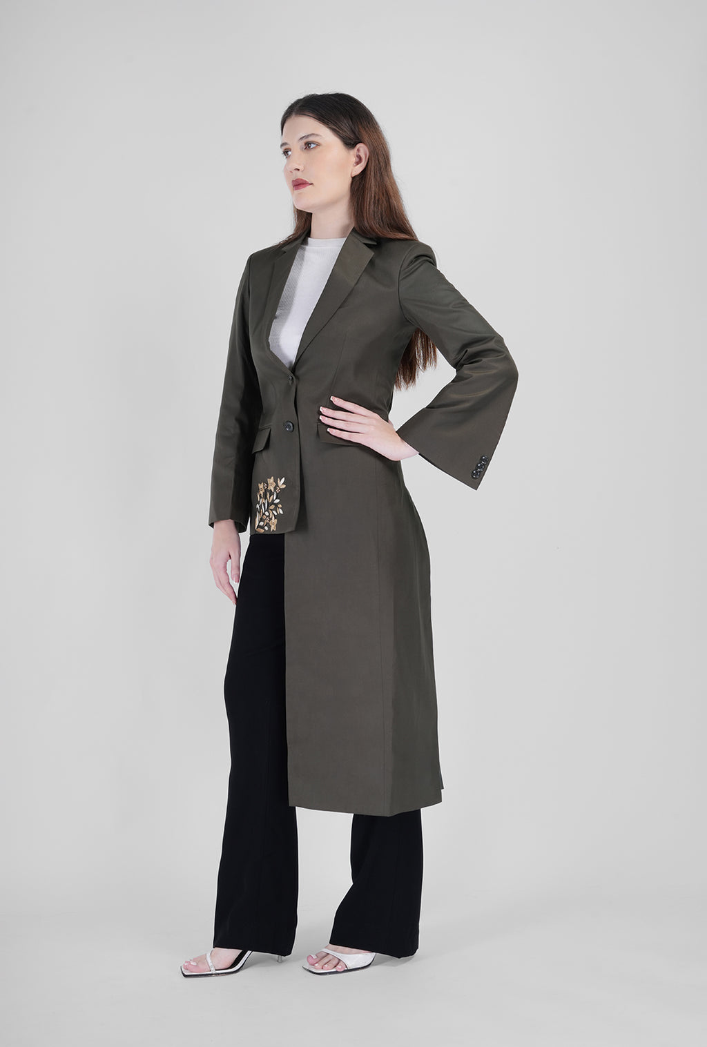 Olive Asymmetrical Handcrafted Long Coat with Black Pant | Luxury Women’s Designer Wear by P&H by Priyanshu