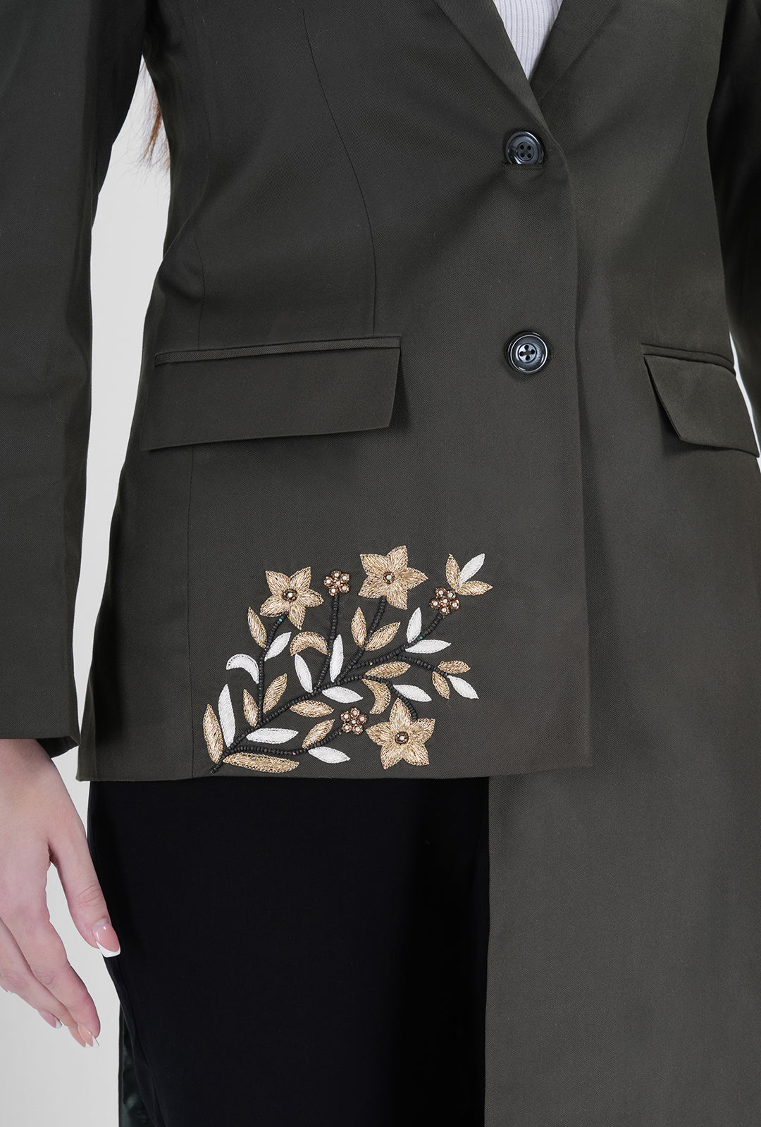 Olive Asymmetrical Handcrafted Long Coat with Black Pant | Luxury Women’s Designer Wear by P&H by Priyanshu