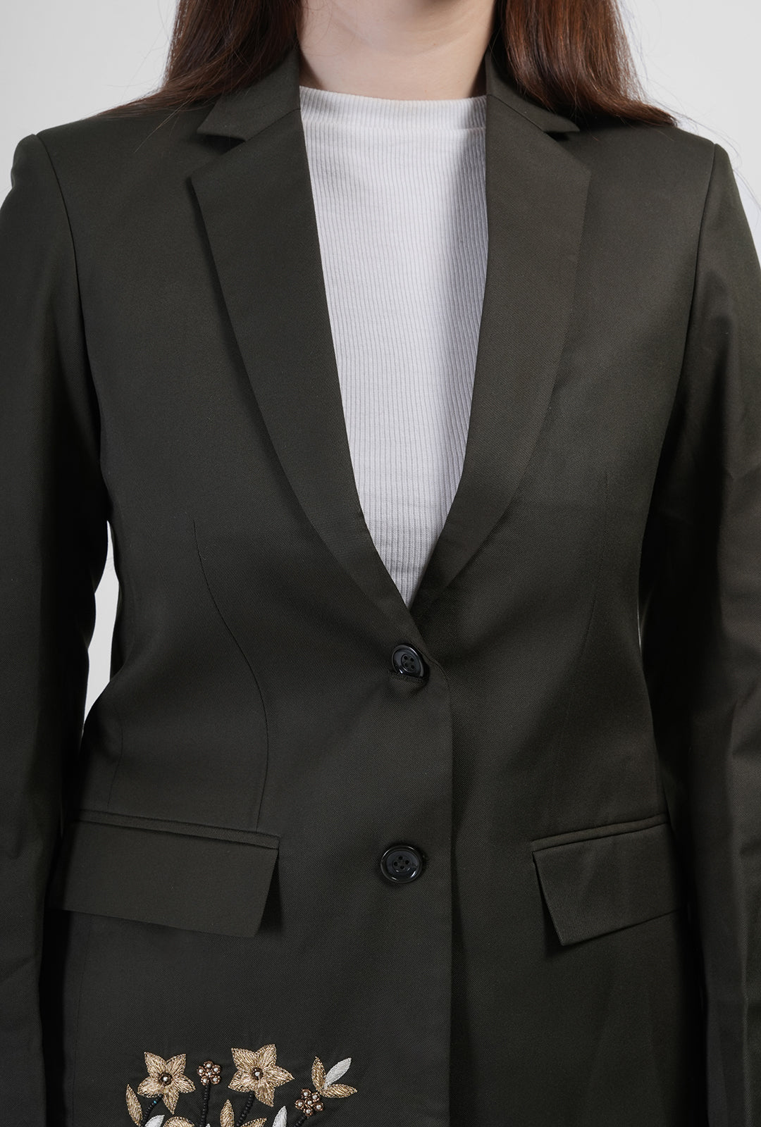 Olive Asymmetrical Handcrafted Long Coat with Black Pant | Luxury Women’s Designer Wear by P&H by Priyanshu