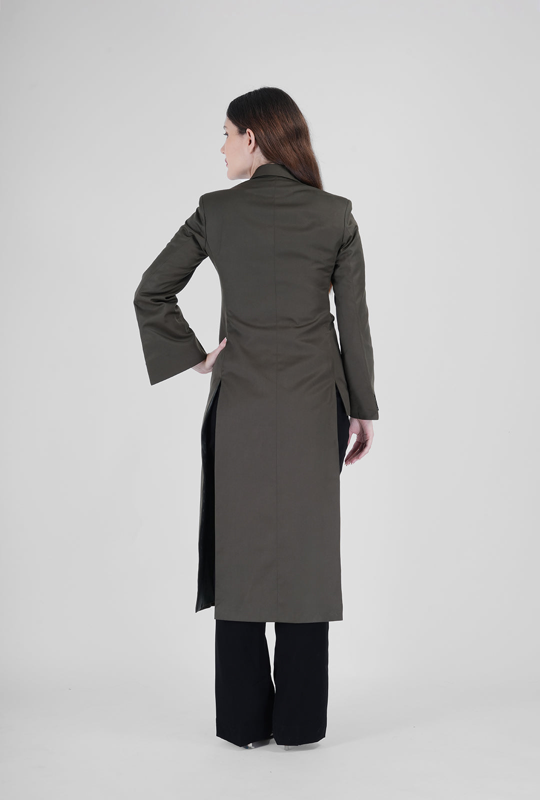 Olive Asymmetrical Handcrafted Long Coat with Black Pant | Luxury Women’s Designer Wear by P&H by Priyanshu