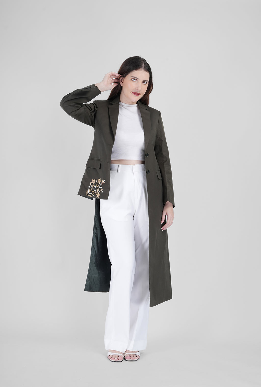 Olive Asymmetrical Handcrafted Long Coat with White Pant | Luxury Women’s Designer Wear by P&H by Priyanshu