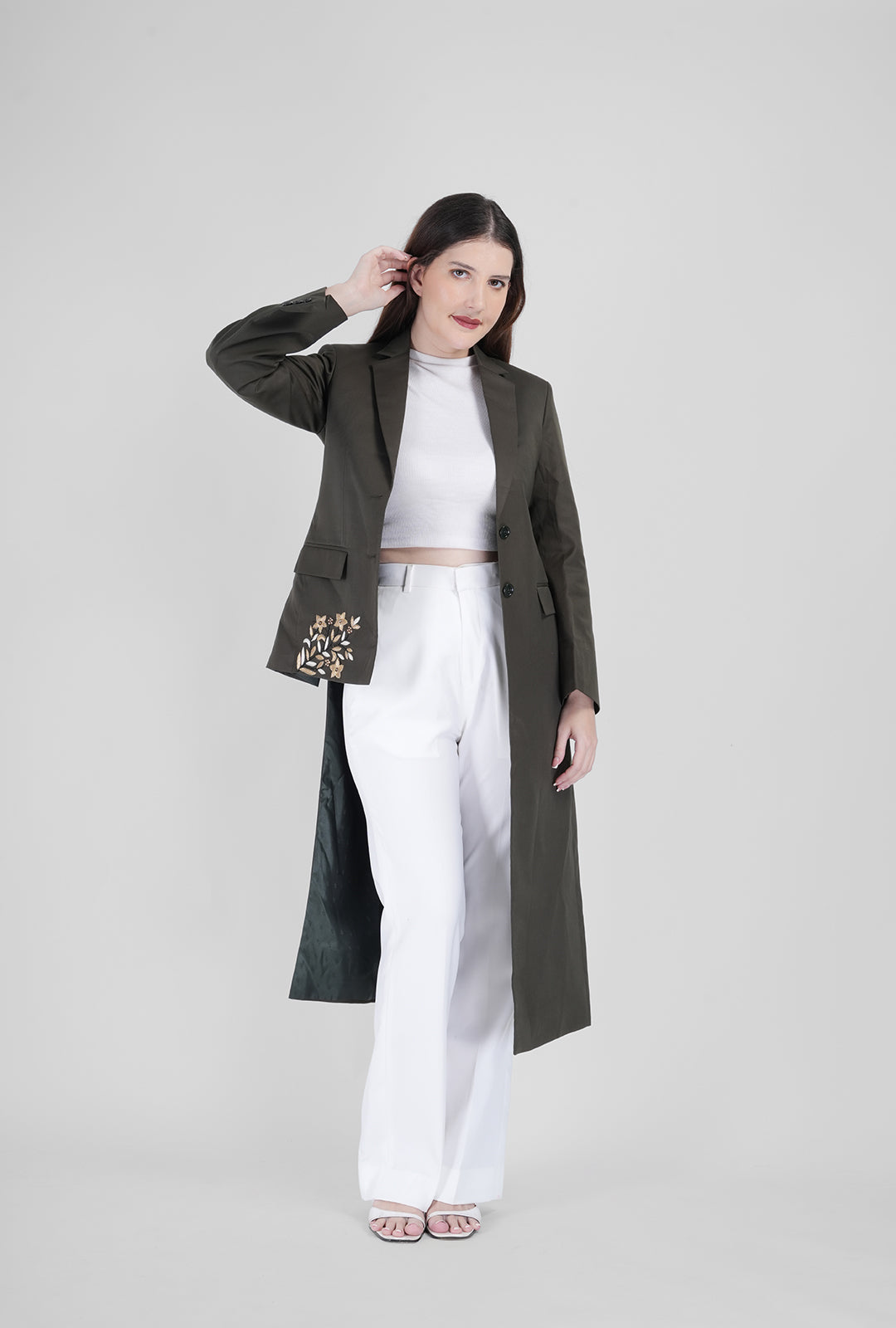 Olive Asymmetrical Handcrafted Long Coat with White Pant | Luxury Women’s Designer Wear by P&H by Priyanshu