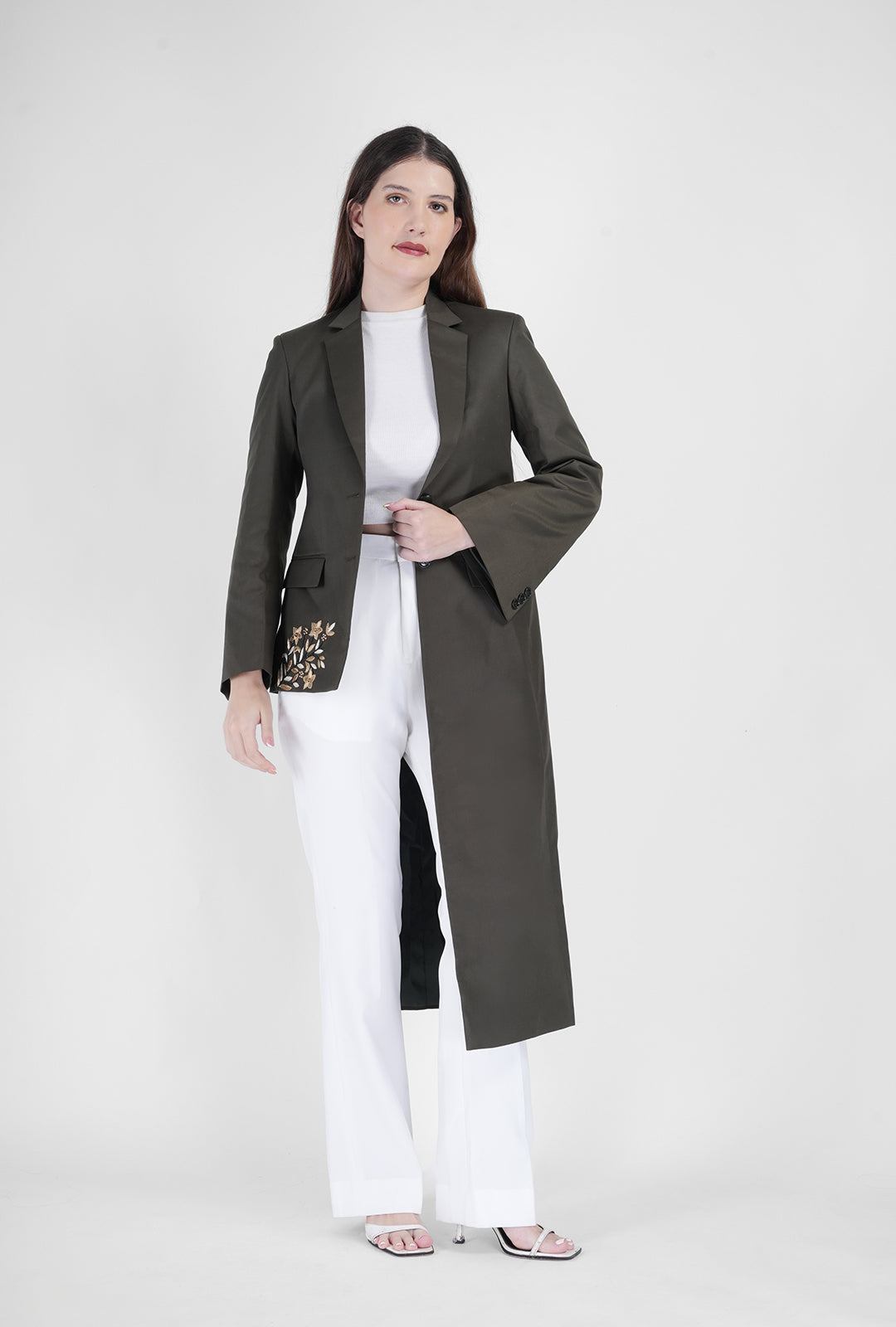 Olive Asymmetrical Handcrafted Long Coat with White Pant | Luxury Women’s Designer Wear by P&H by Priyanshu