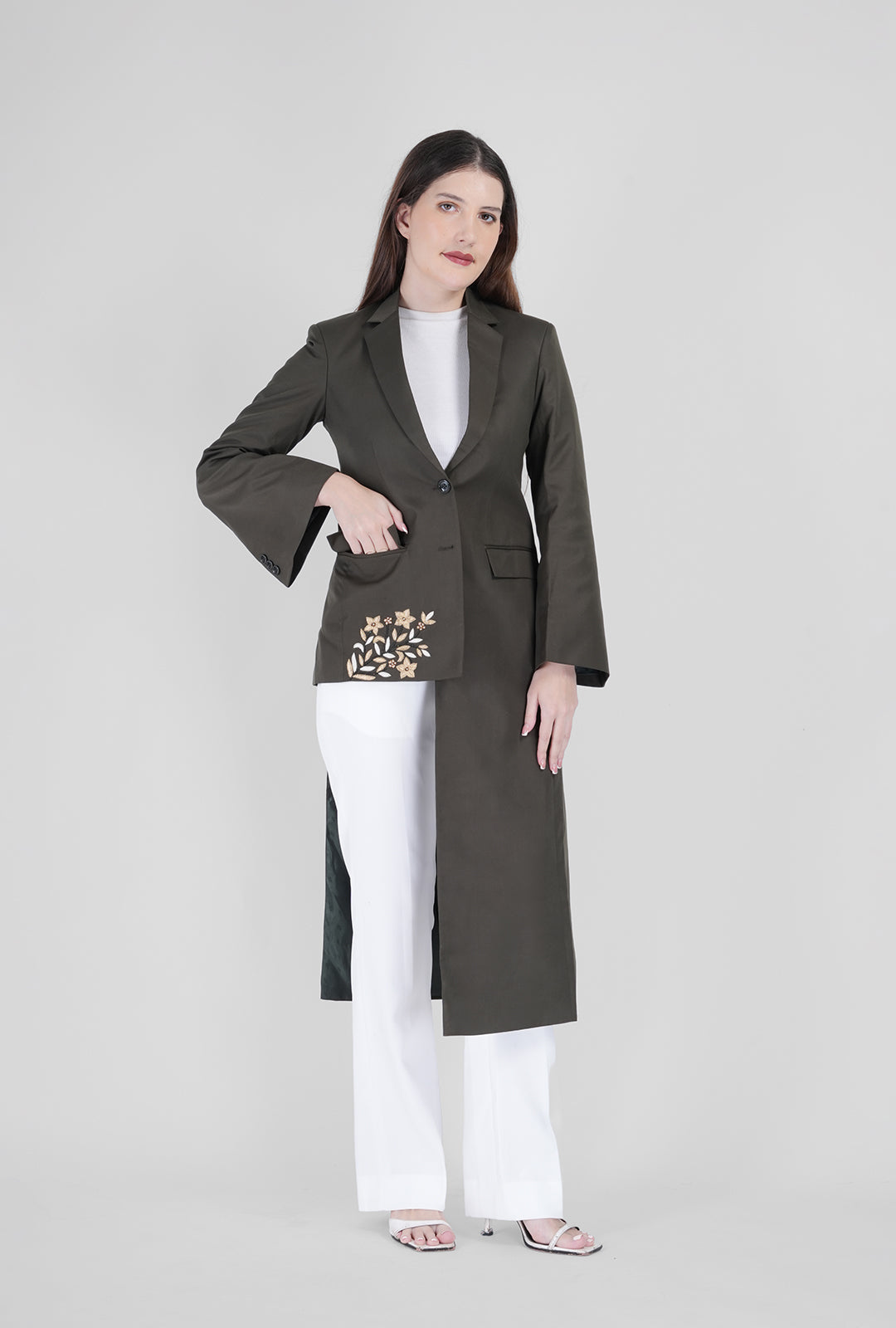 Olive Asymmetrical Handcrafted Long Coat with White Pant | Luxury Women’s Designer Wear by P&H by Priyanshu