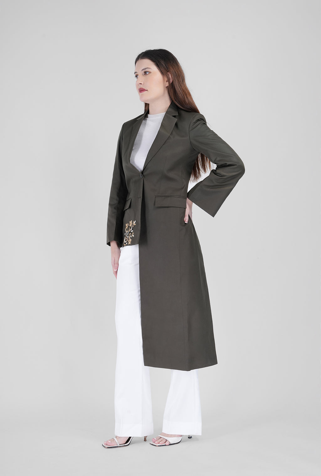 Olive Asymmetrical Handcrafted Long Coat with White Pant | Luxury Women’s Designer Wear by P&H by Priyanshu