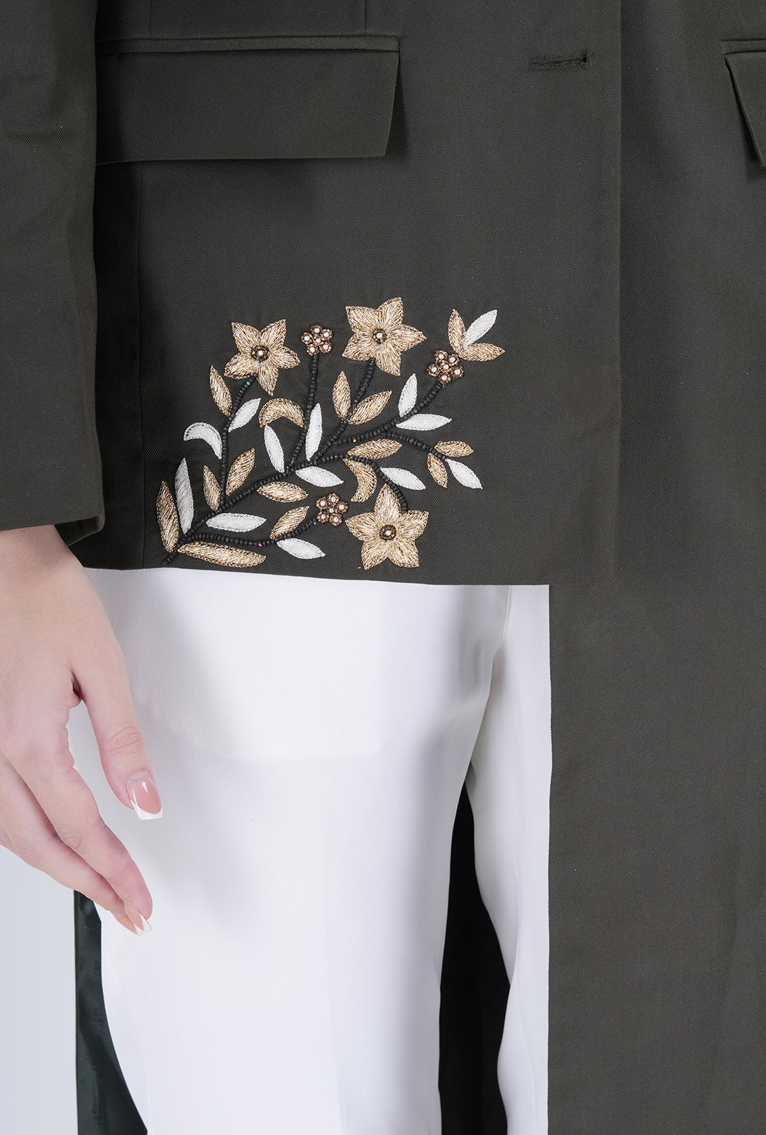 Olive Asymmetrical Handcrafted Long Coat with White Pant | Luxury Women’s Designer Wear by P&H by Priyanshu