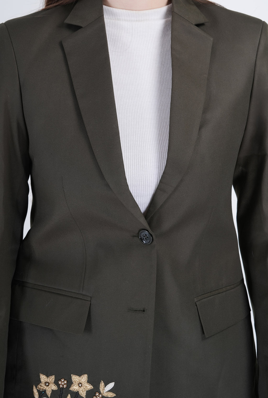 Olive Asymmetrical Handcrafted Long Coat with White Pant | Luxury Women’s Designer Wear by P&H by Priyanshu