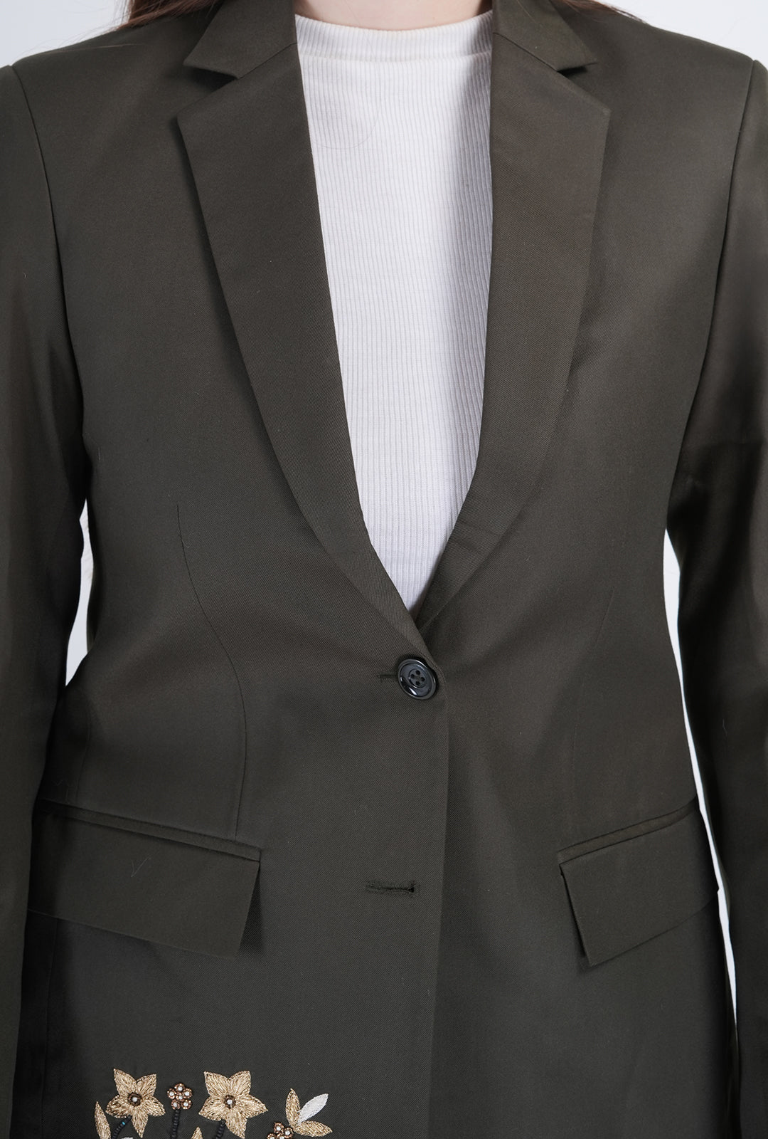 Olive Asymmetrical Handcrafted Long Coat with White Pant | Luxury Women’s Designer Wear by P&H by Priyanshu