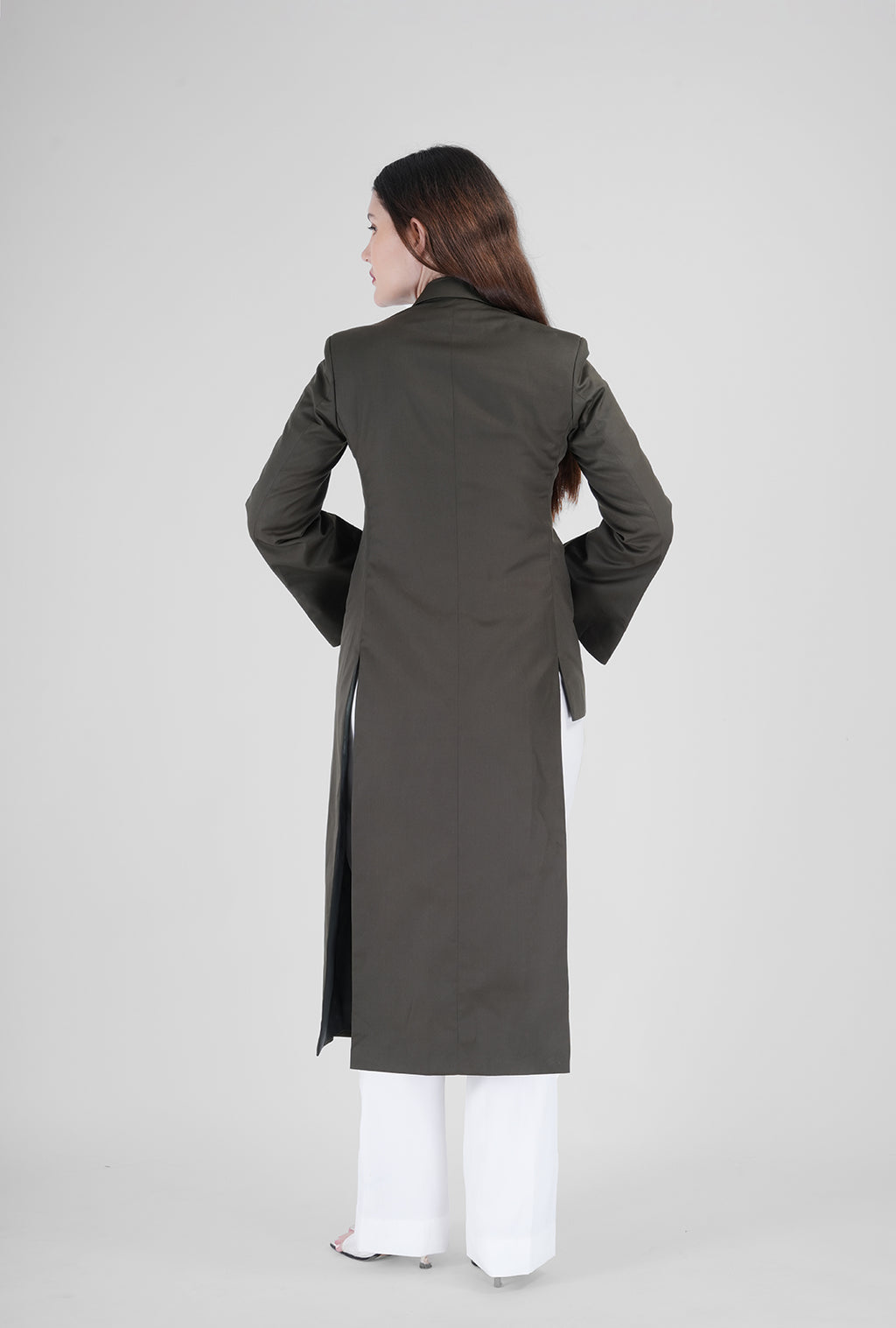 Olive Asymmetrical Handcrafted Long Coat with White Pant | Luxury Women’s Designer Wear by P&H by Priyanshu