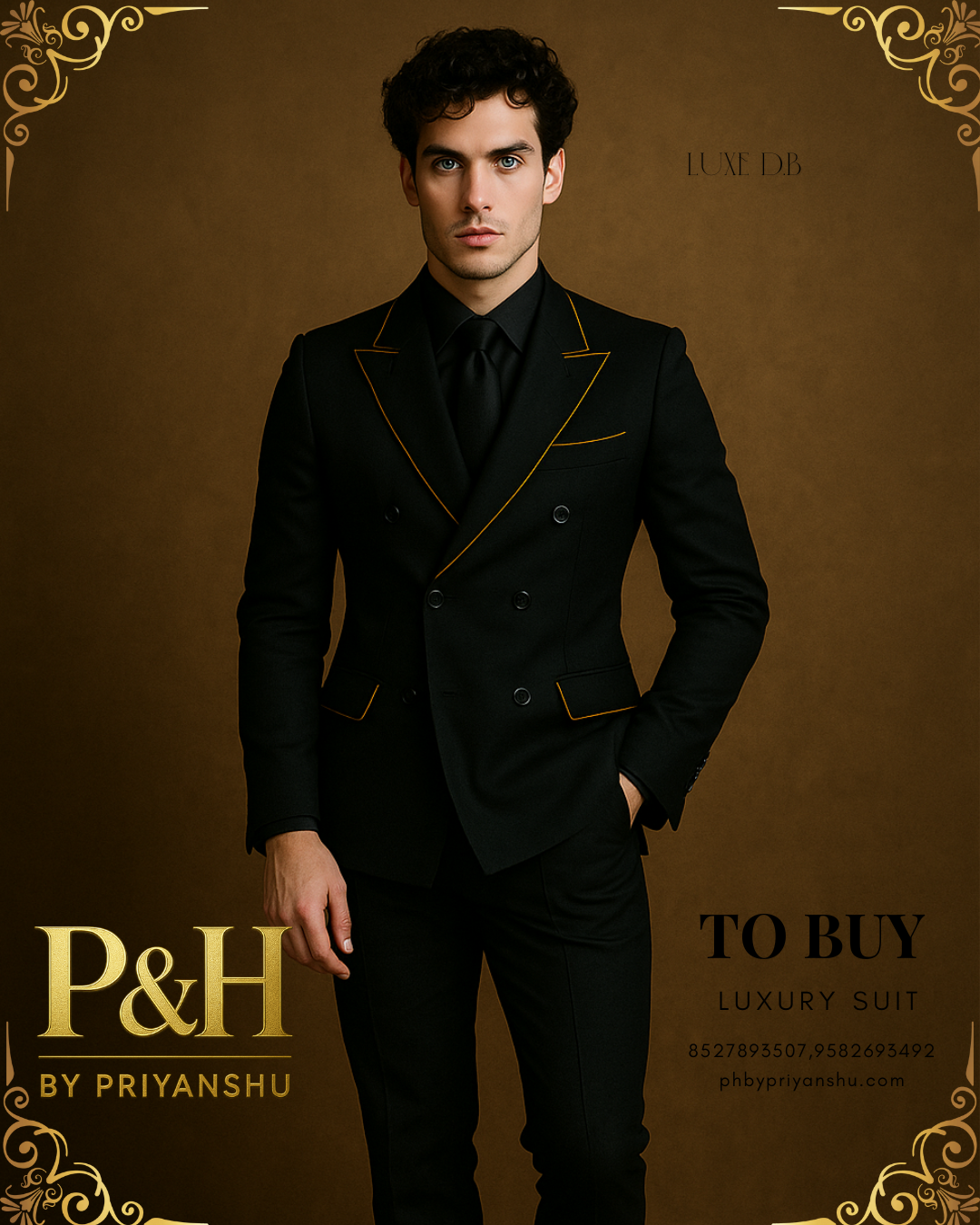 Black Double-Breasted Suit with Contrast Piping | P&H BY PRIYANSHU
