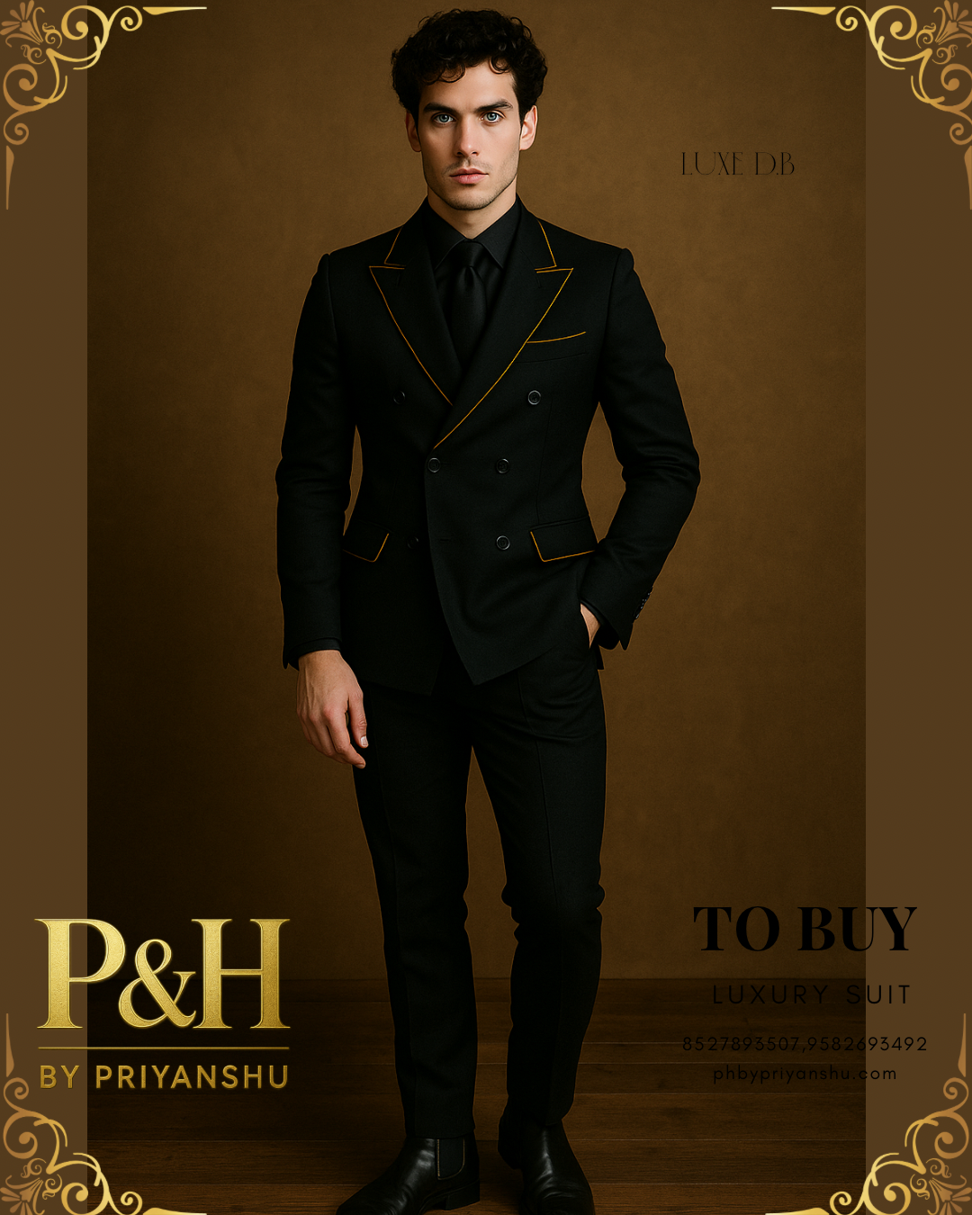 Black Double-Breasted Suit with Contrast Piping | P&H BY PRIYANSHU