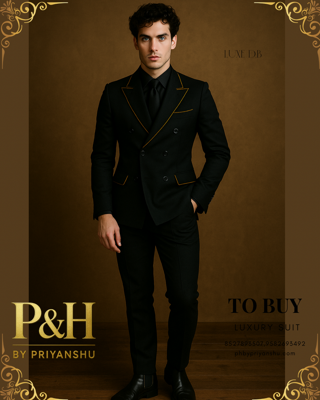 Black Double-Breasted Suit with Contrast Piping | P&H BY PRIYANSHU