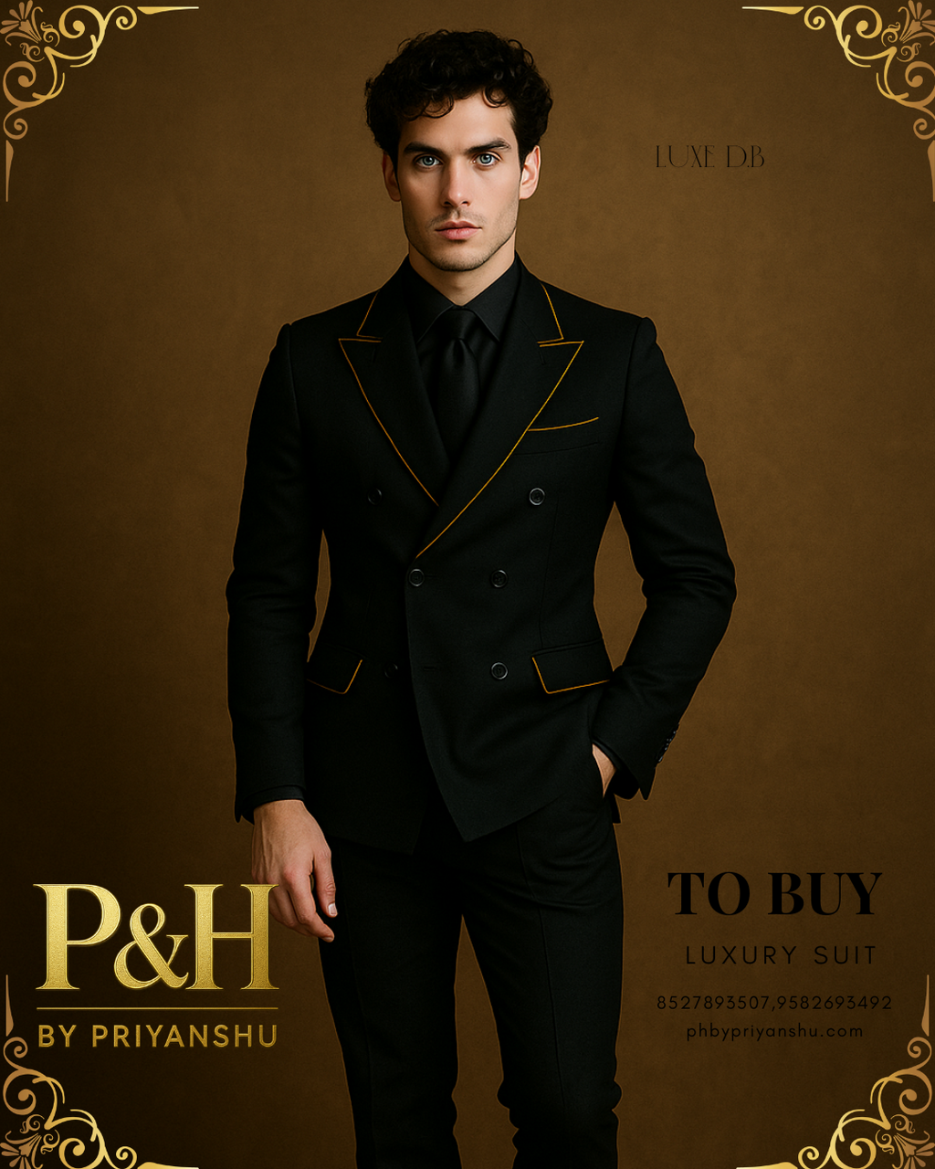 Black Double-Breasted Suit with Contrast Piping | P&H BY PRIYANSHU