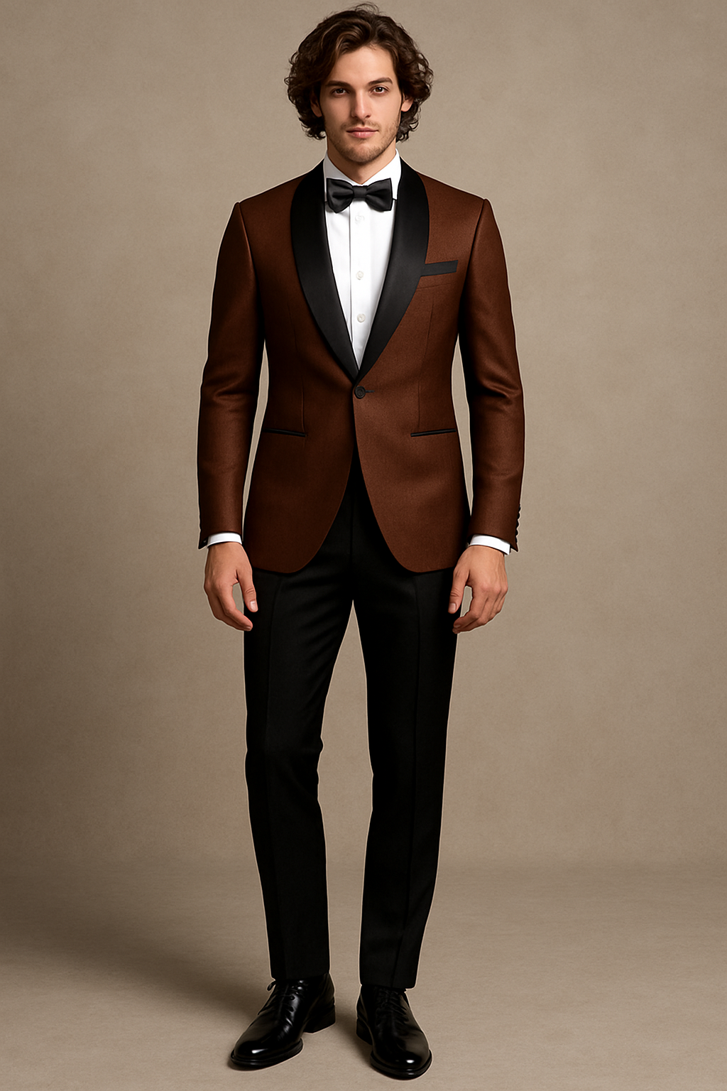 Man wearing a brown tuxedo with black lapels against a beige background