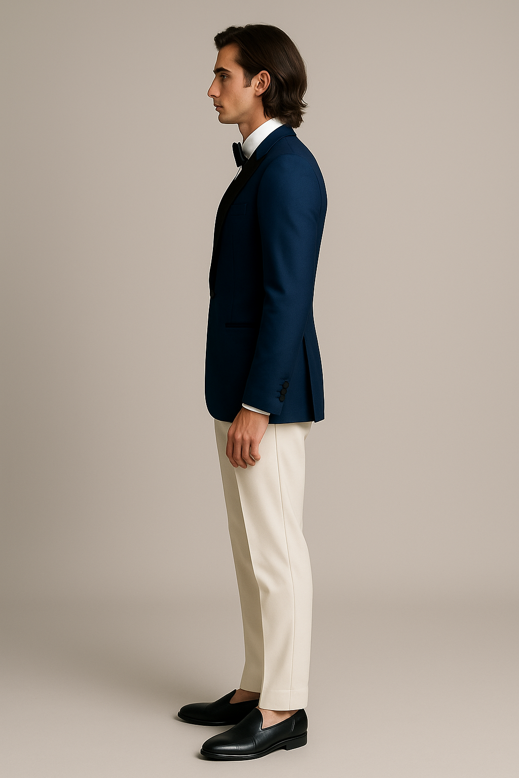 Blue Suit with Off-White Pants and Black Shiny Lapel | P&H BY PRIYANSHU