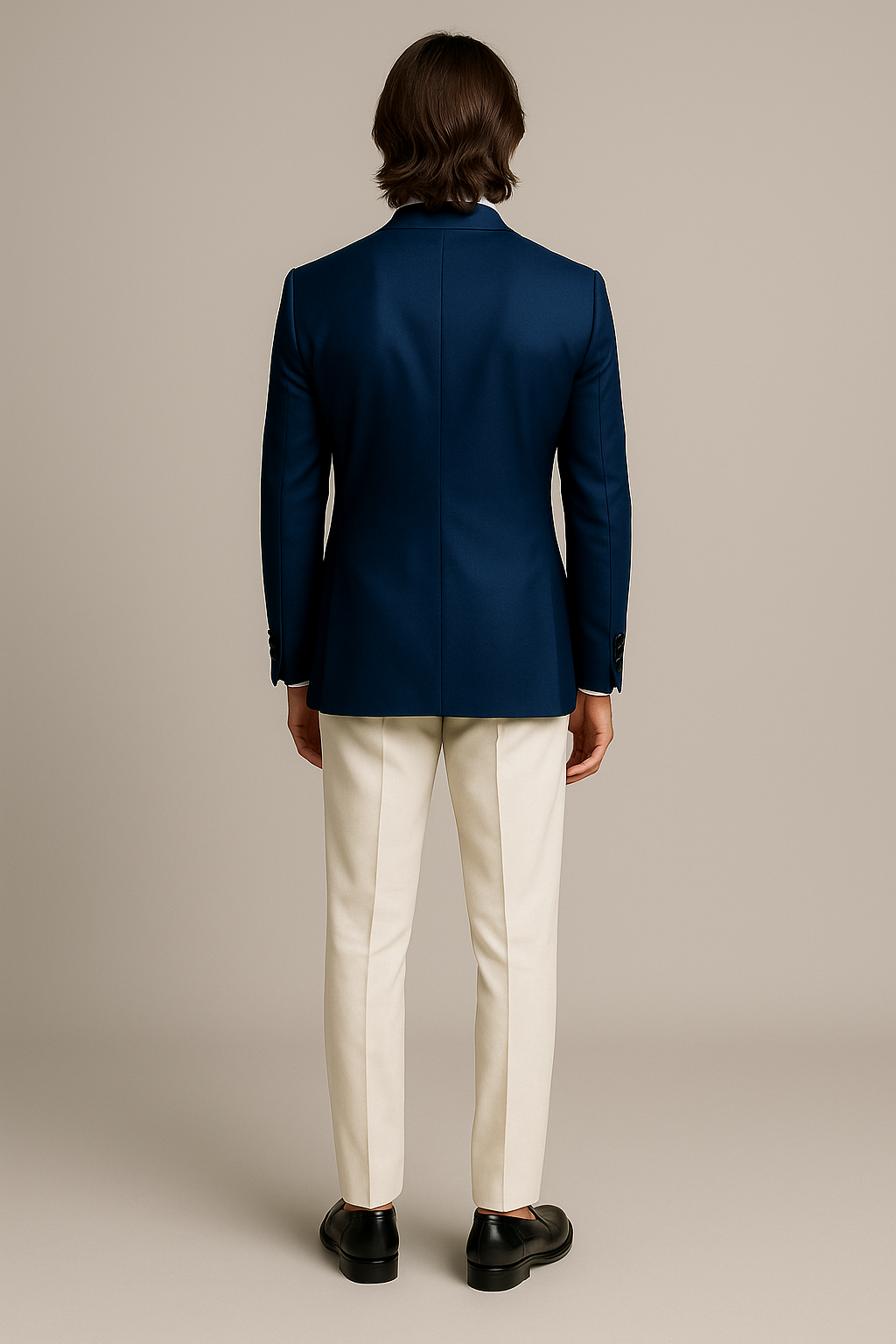 Blue Suit with Off-White Pants and Black Shiny Lapel | P&H BY PRIYANSHU