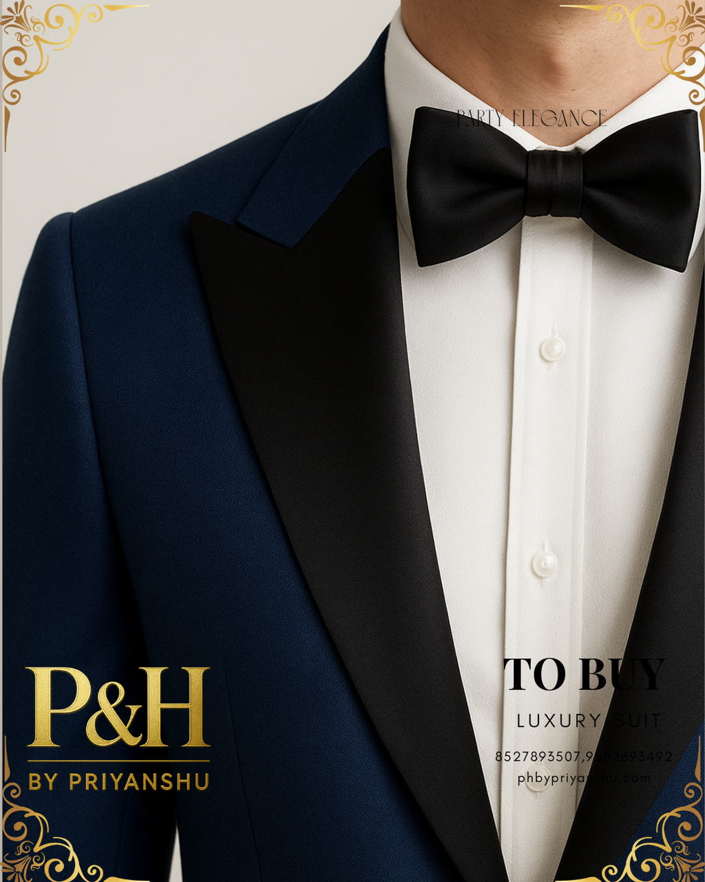 Blue Suit with Off-White Pants and Black Shiny Lapel | P&H BY PRIYANSHU