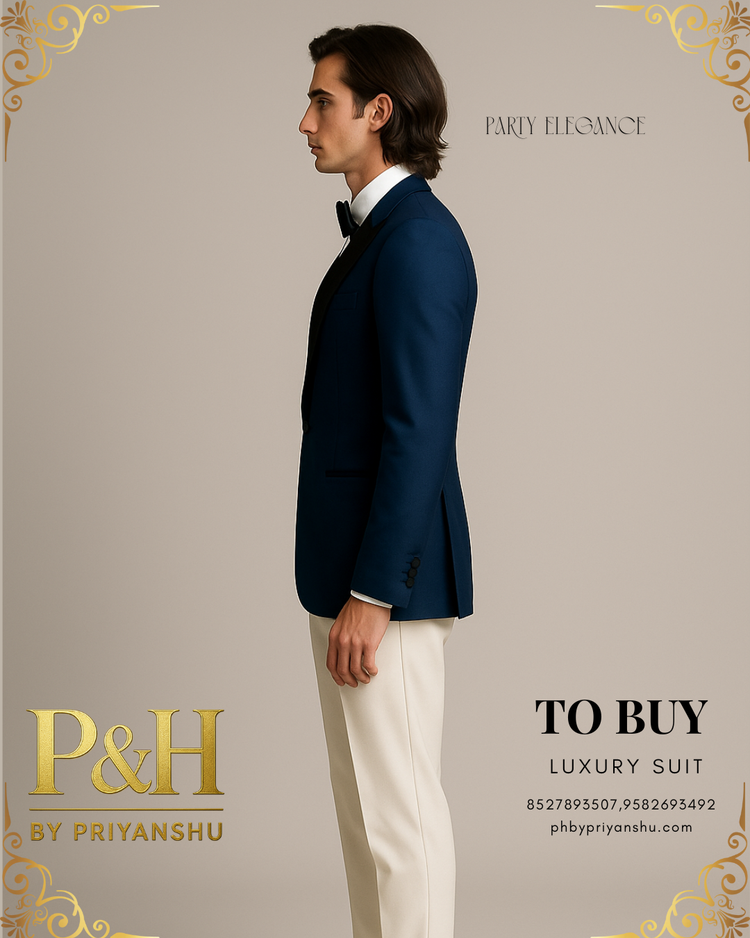 Blue Suit with Off-White Pants and Black Shiny Lapel | P&H BY PRIYANSHU