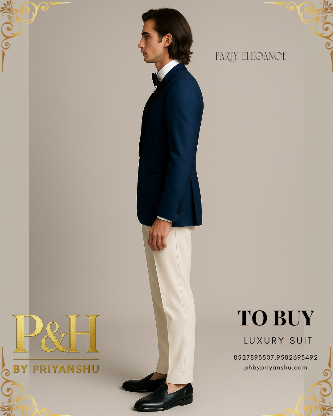 Blue Suit with Off-White Pants and Black Shiny Lapel | P&H BY PRIYANSHU