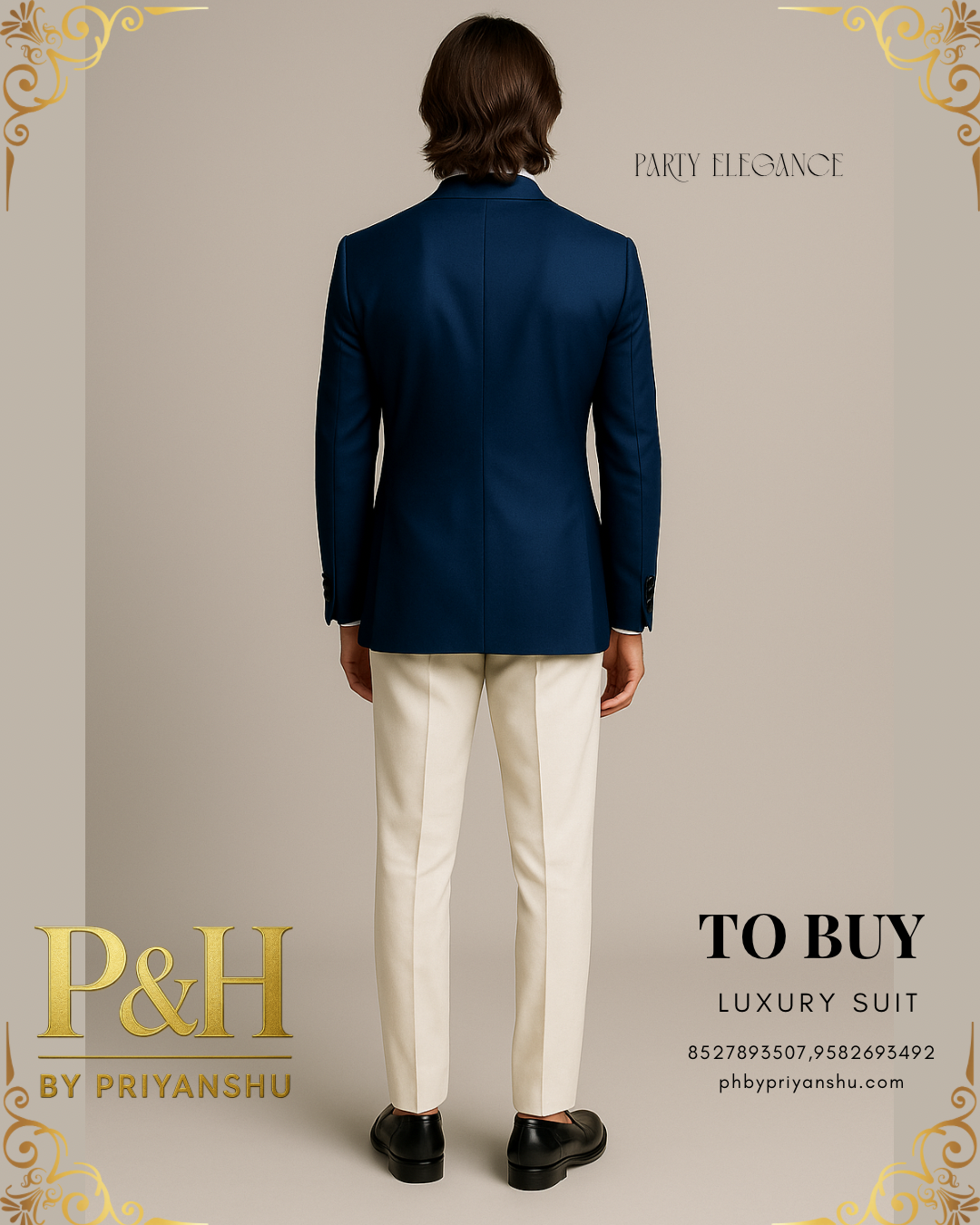 Blue Suit with Off-White Pants and Black Shiny Lapel | P&H BY PRIYANSHU
