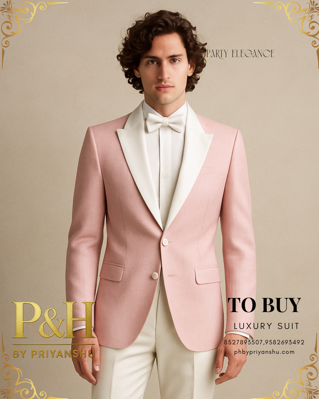 Man wearing a pink tuxedo with white shirt and bow tie on a beige background, featuring brand 'P&H by Priyanshu'.