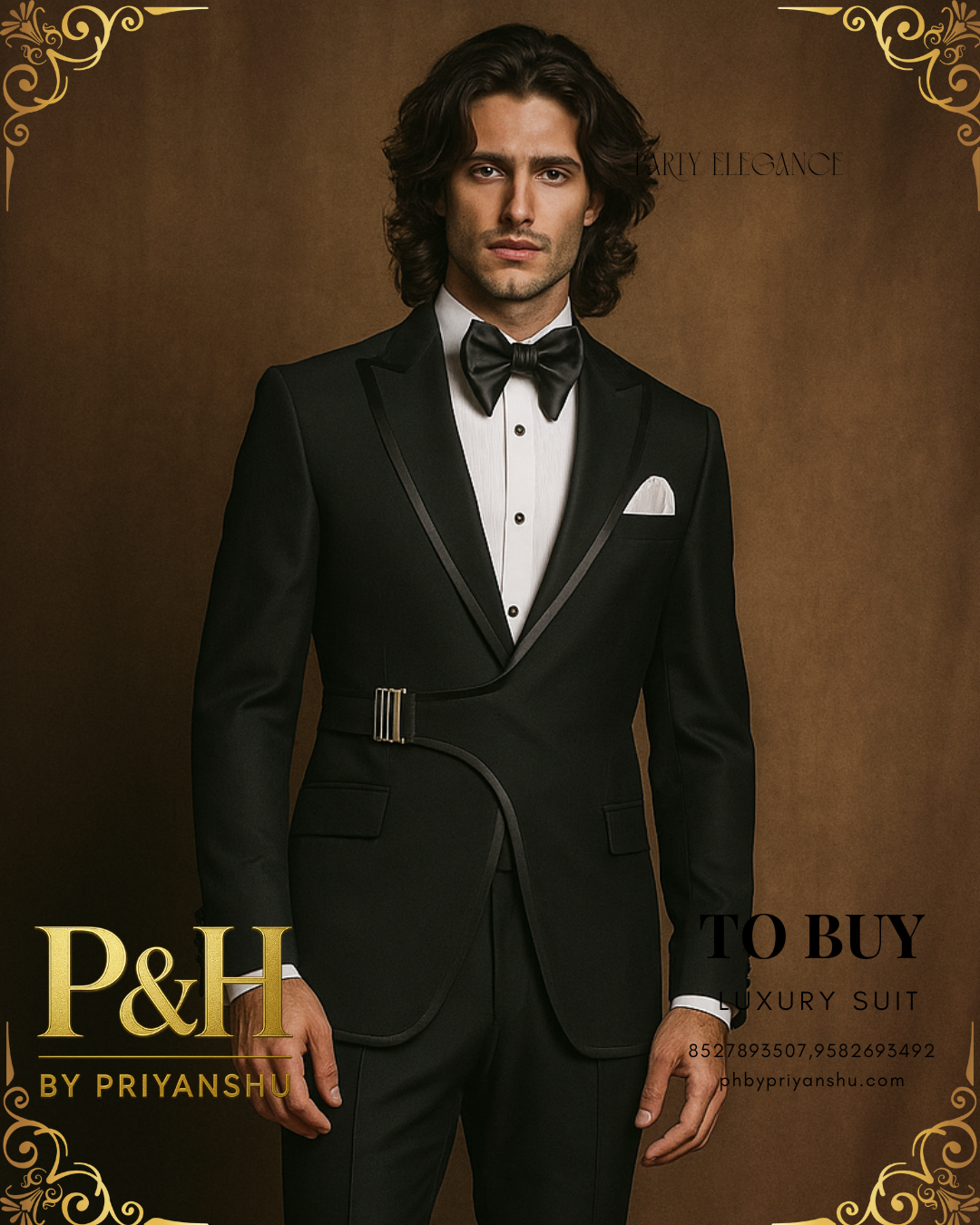 Black Tuxedo with Side Buckle & Shiny Black Piping | Celebrity Designer Suit | P&H BY PRIYANSHU
