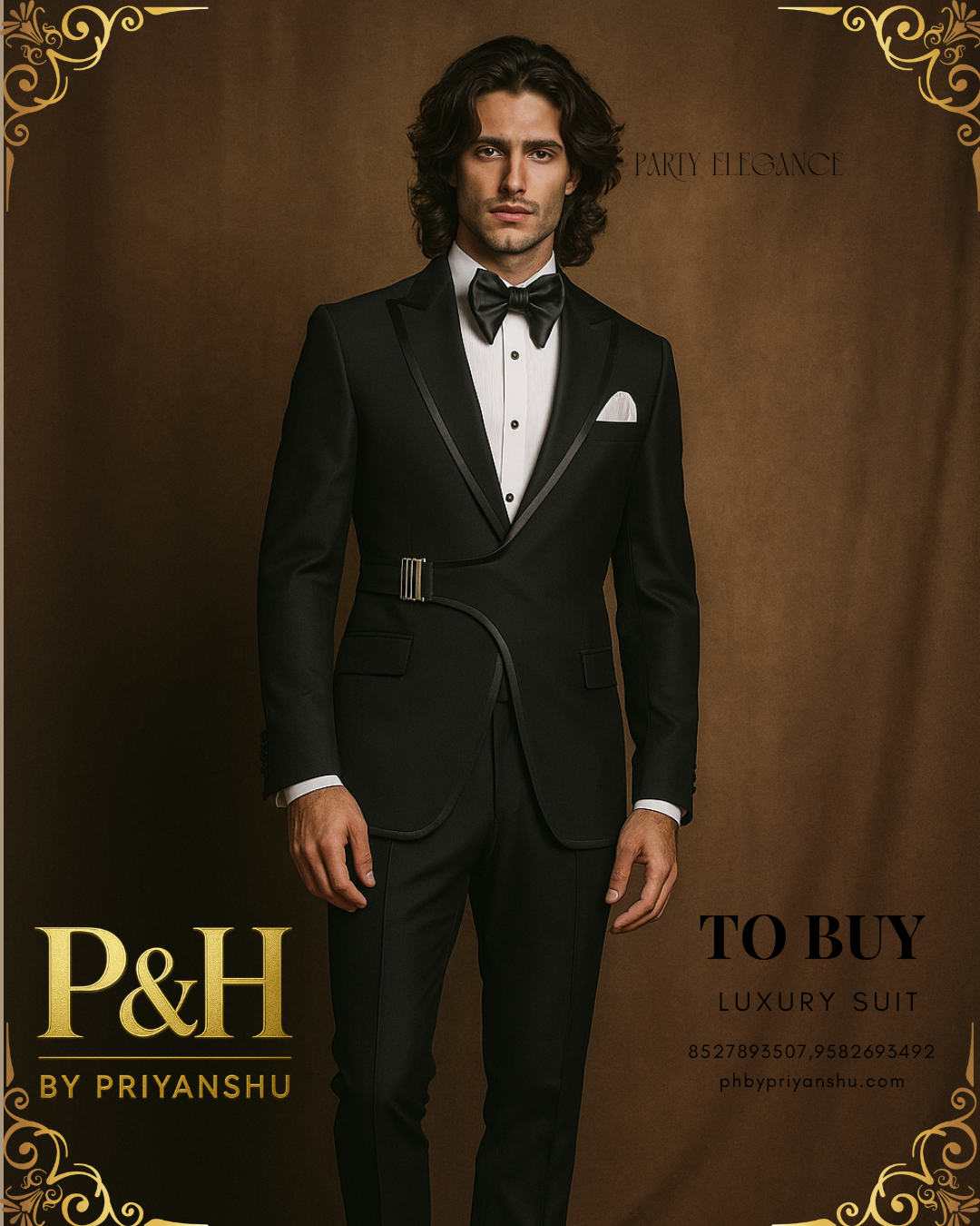 Man wearing a black tuxedo with a white shirt and bow tie against a brown background with 'P&H by Priyanshu' branding.