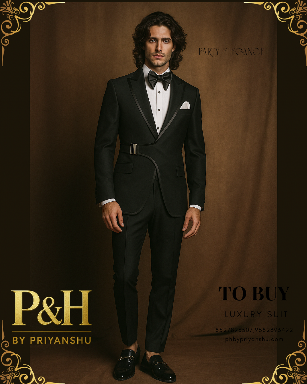 Black Tuxedo with Side Buckle & Shiny Black Piping | Celebrity Designer Suit | P&H BY PRIYANSHU