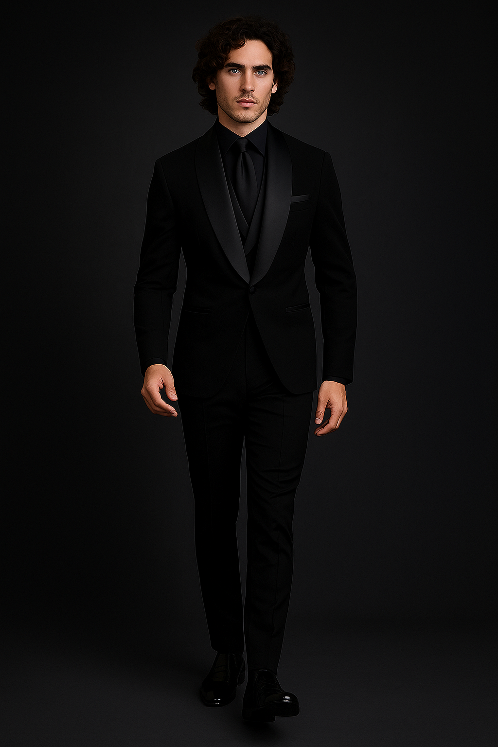 Man wearing a black tuxedo against a dark background