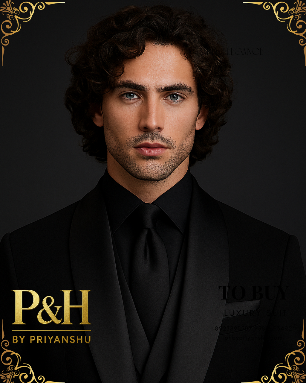 Black 3-Piece Tuxedo Suit with Shiny Lapel | P&H BY PRIYANSHU